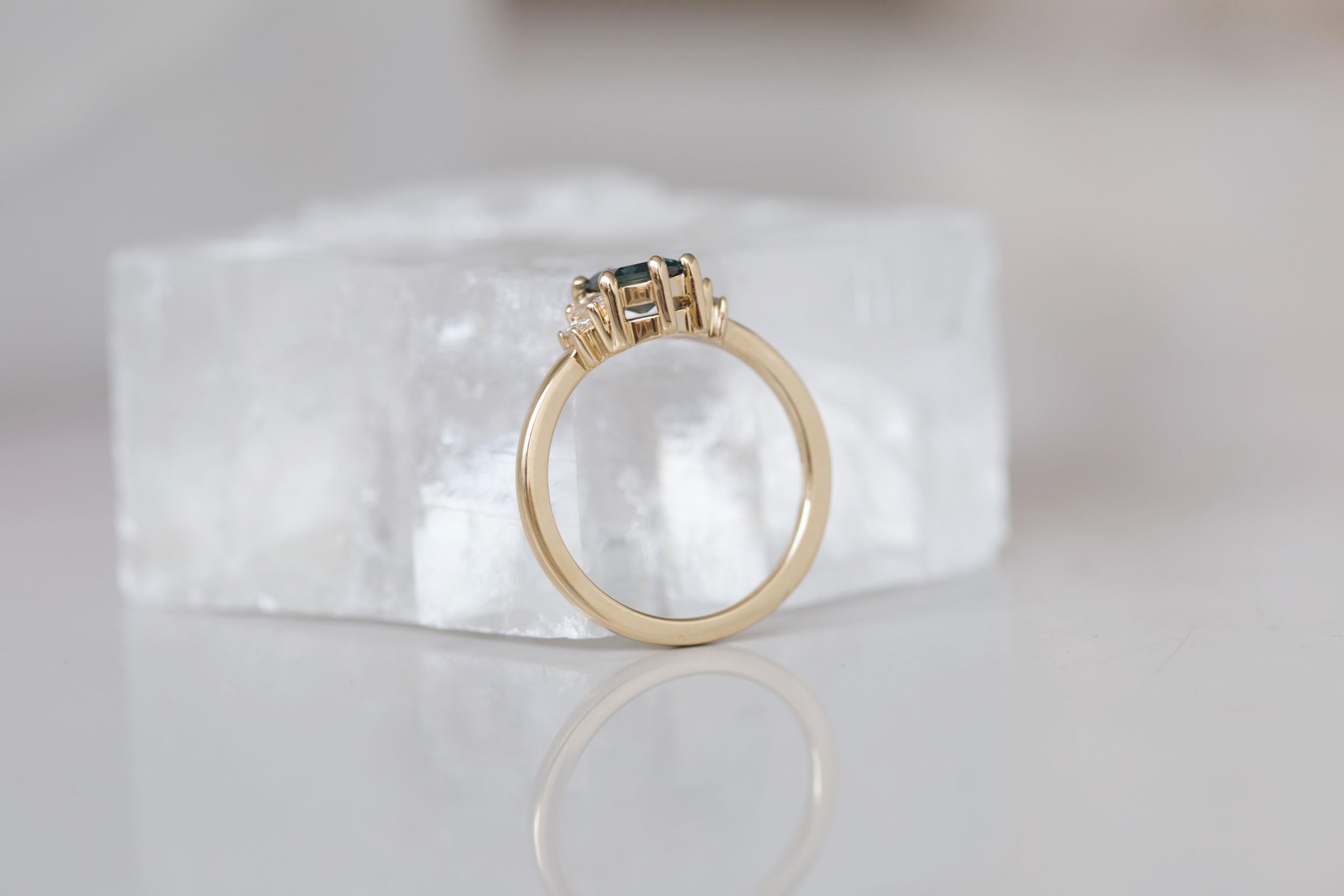 Ash Ring | Deep Blue Hexagonal Sapphire + Diamond Baguette Engagement Ring 0.95 ct | 14k Recycled Gold | One of a Kind