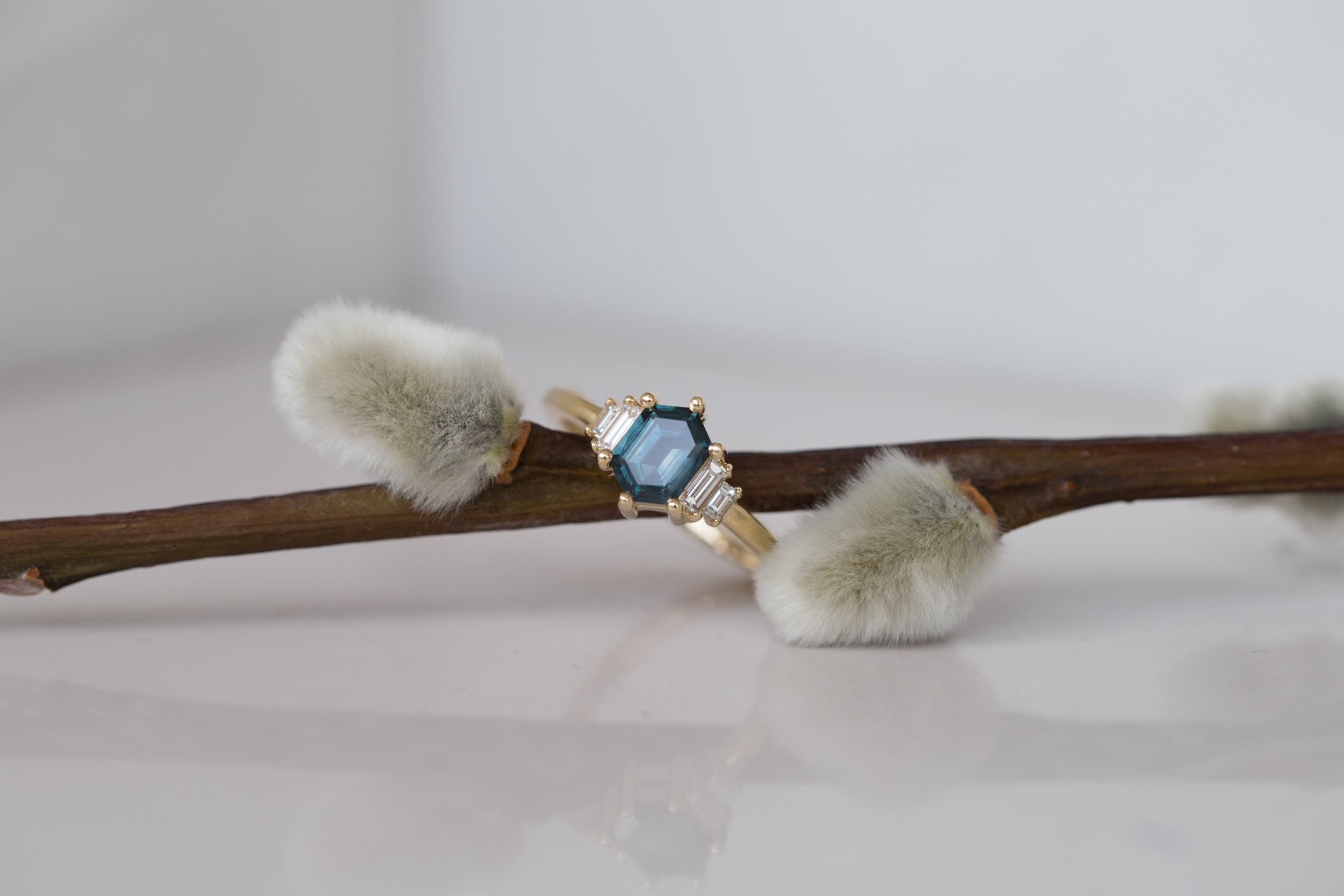 Ash Ring | Deep Blue Hexagonal Sapphire + Diamond Baguette Engagement Ring 0.95 ct | 14k Recycled Gold | One of a Kind