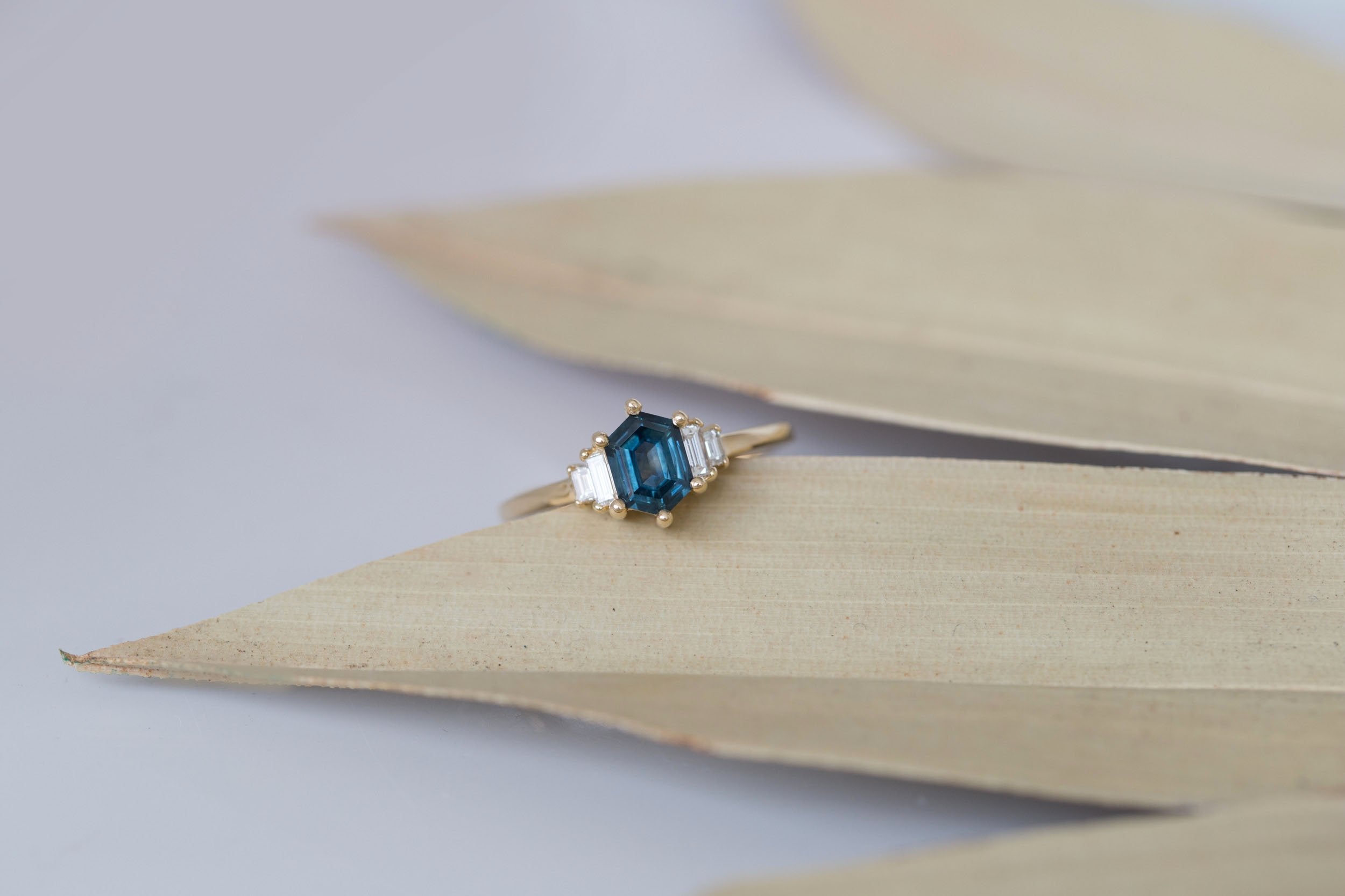 Ash Ring | Deep Blue Hexagonal Sapphire + Diamond Baguette Engagement Ring 0.95 ct | 14k Recycled Gold | One of a Kind