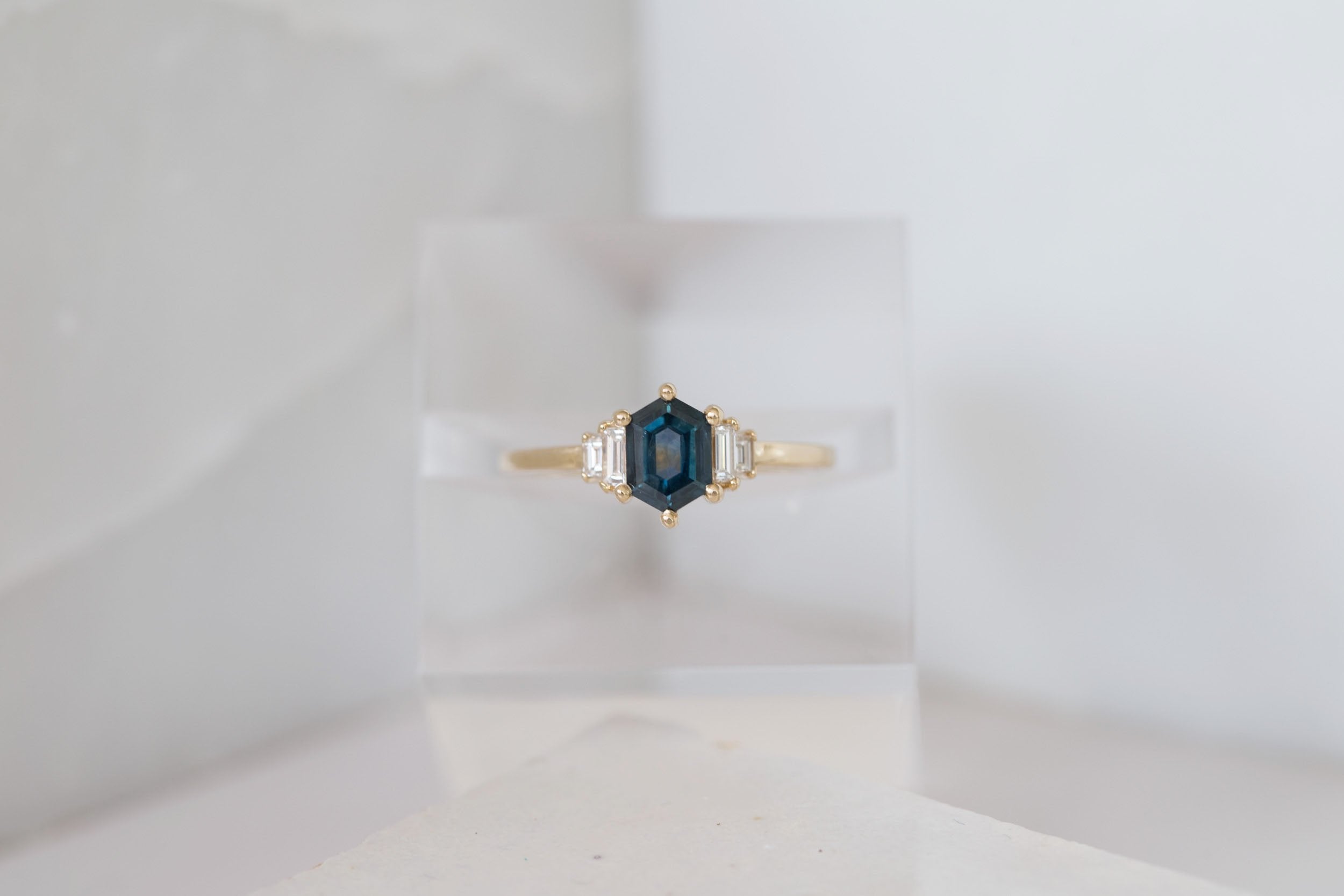 Ash Ring | Deep Blue Hexagonal Sapphire + Diamond Baguette Engagement Ring 0.95 ct | 14k Recycled Gold | One of a Kind