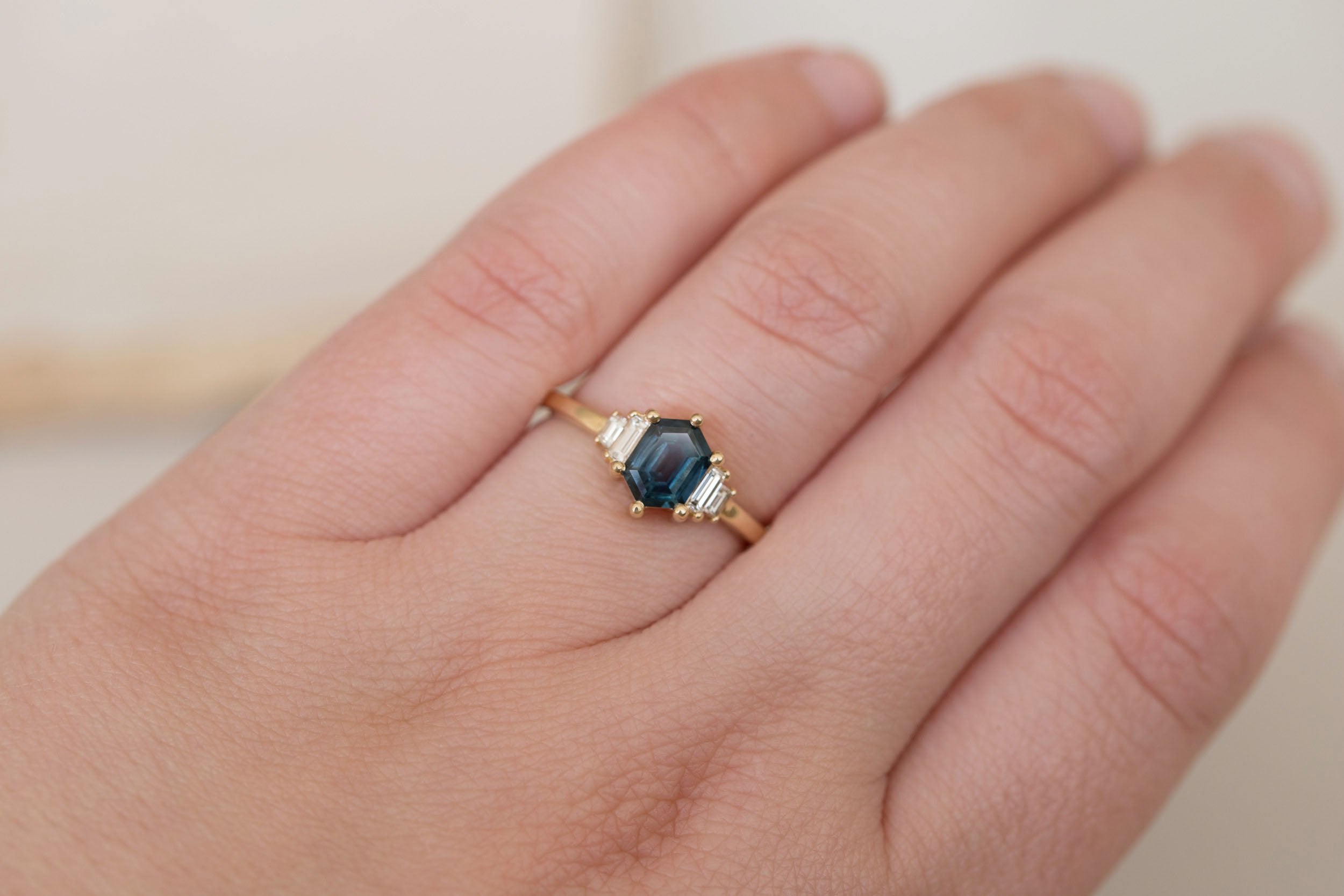 Ash Ring | Deep Blue Hexagonal Sapphire + Diamond Baguette Engagement Ring 0.95 ct | 14k Recycled Gold | One of a Kind