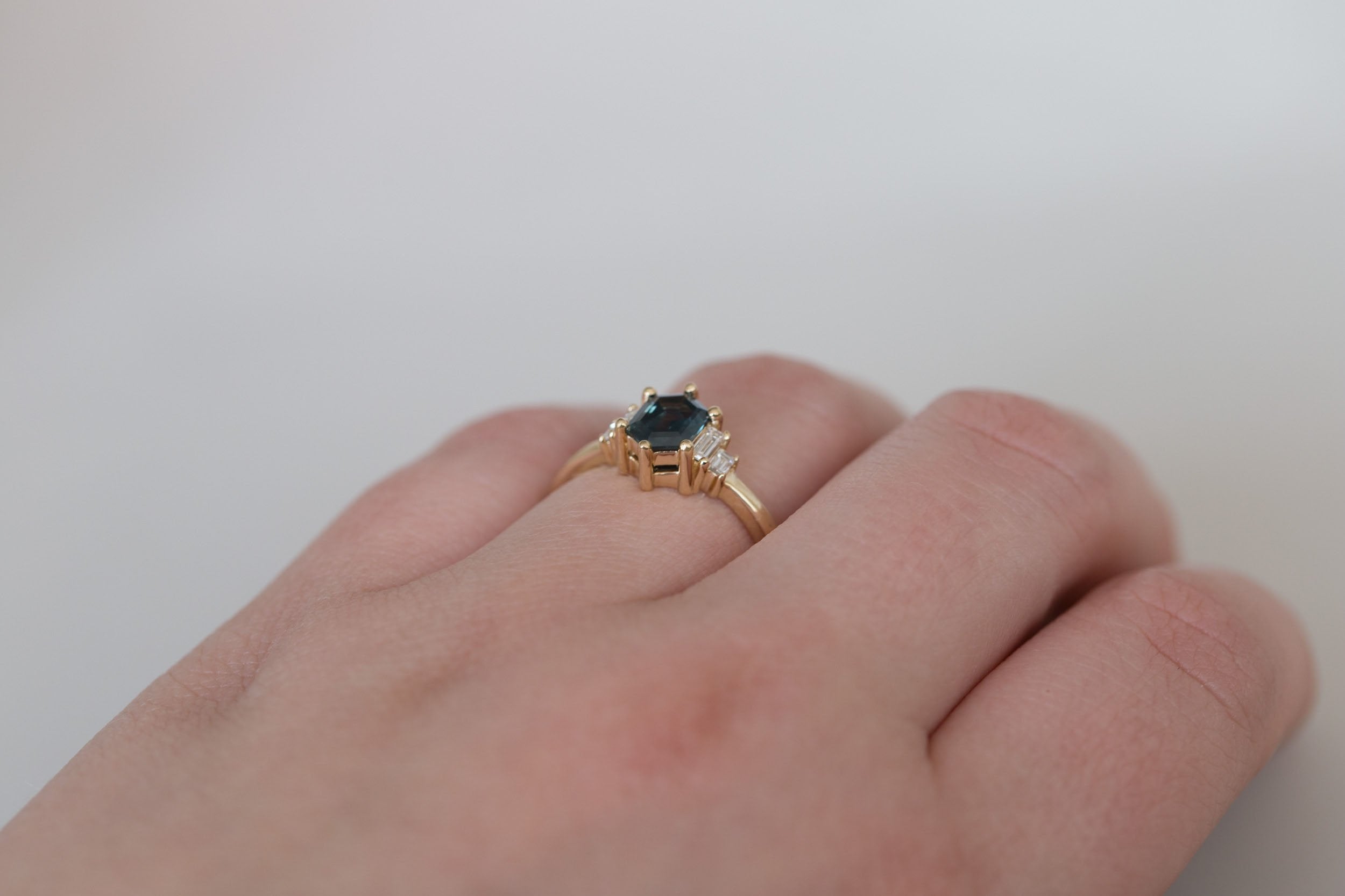 Ash Ring | Deep Blue Hexagonal Sapphire + Diamond Baguette Engagement Ring 0.95 ct | 14k Recycled Gold | One of a Kind