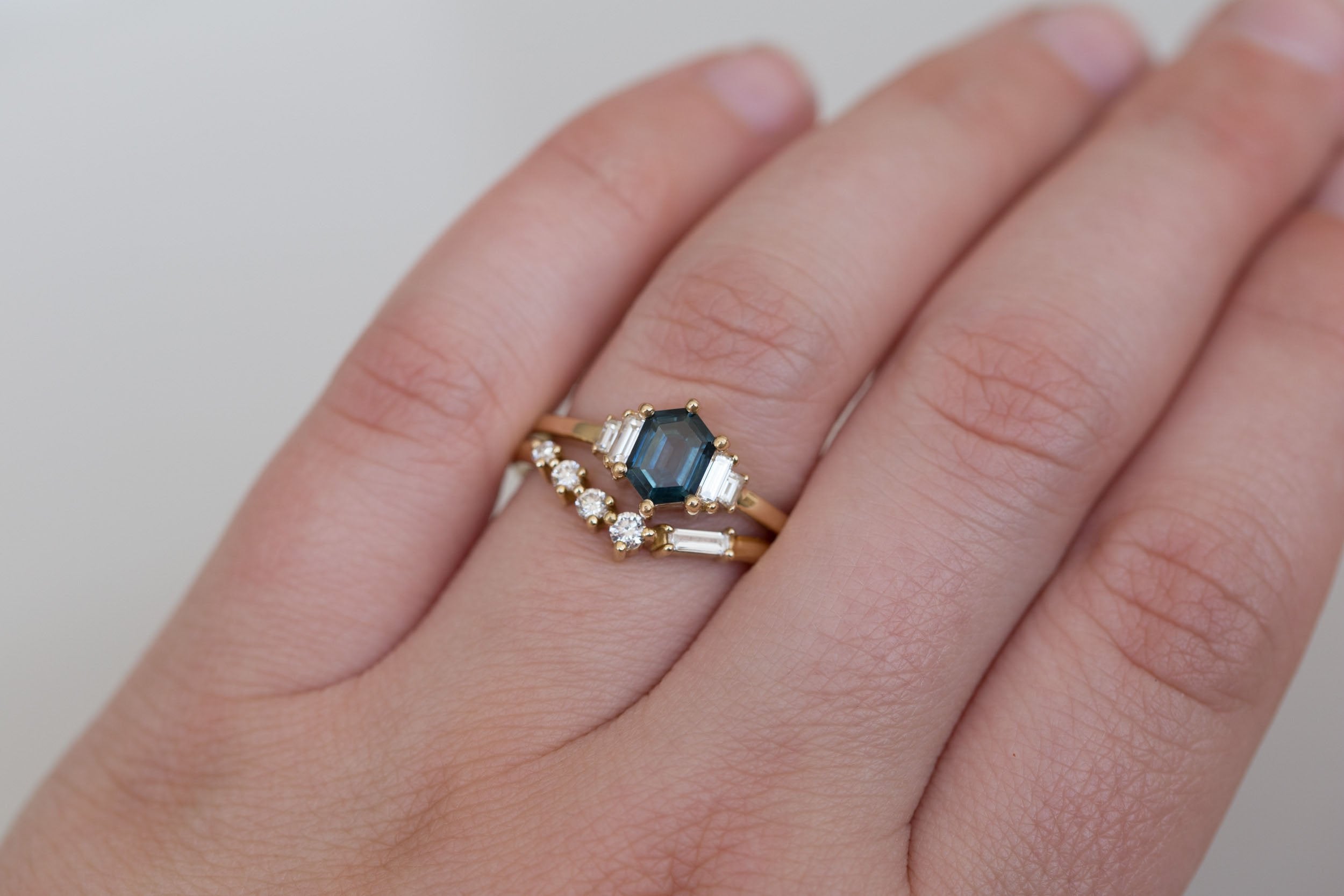 Ash Ring | Deep Blue Hexagonal Sapphire + Diamond Baguette Engagement Ring 0.95 ct | 14k Recycled Gold | One of a Kind