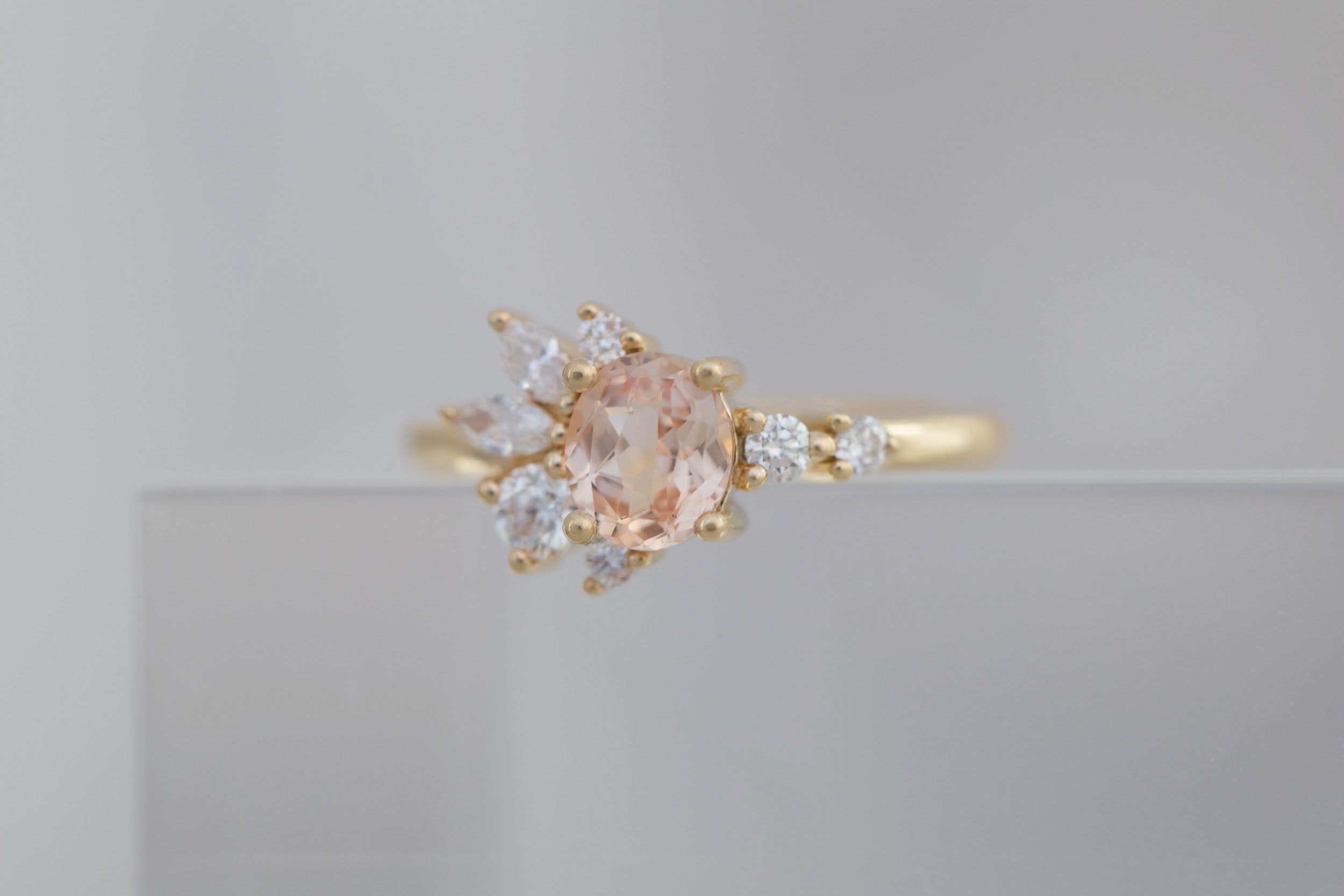 Ambretta Ring | Peach Oval Sapphire + Diamond Cluster Engagement Ring 0.96 ct | 14k Recycled Gold | One of a Kind