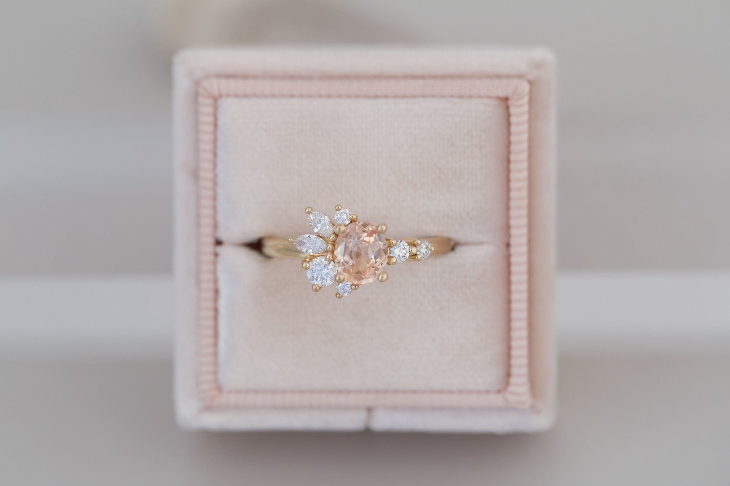 Ambretta Ring | Peach Oval Sapphire + Diamond Cluster Engagement Ring 0.96 ct | 14k Recycled Gold | One of a Kind