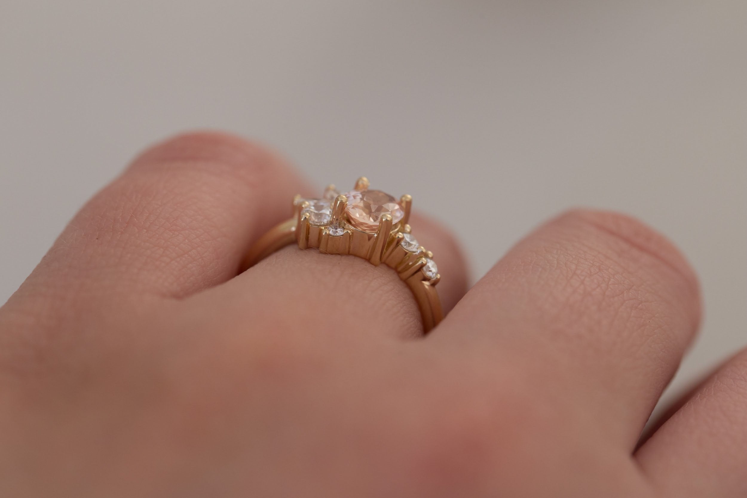 Ambretta Ring | Peach Oval Sapphire + Diamond Cluster Engagement Ring 0.96 ct | 14k Recycled Gold | One of a Kind