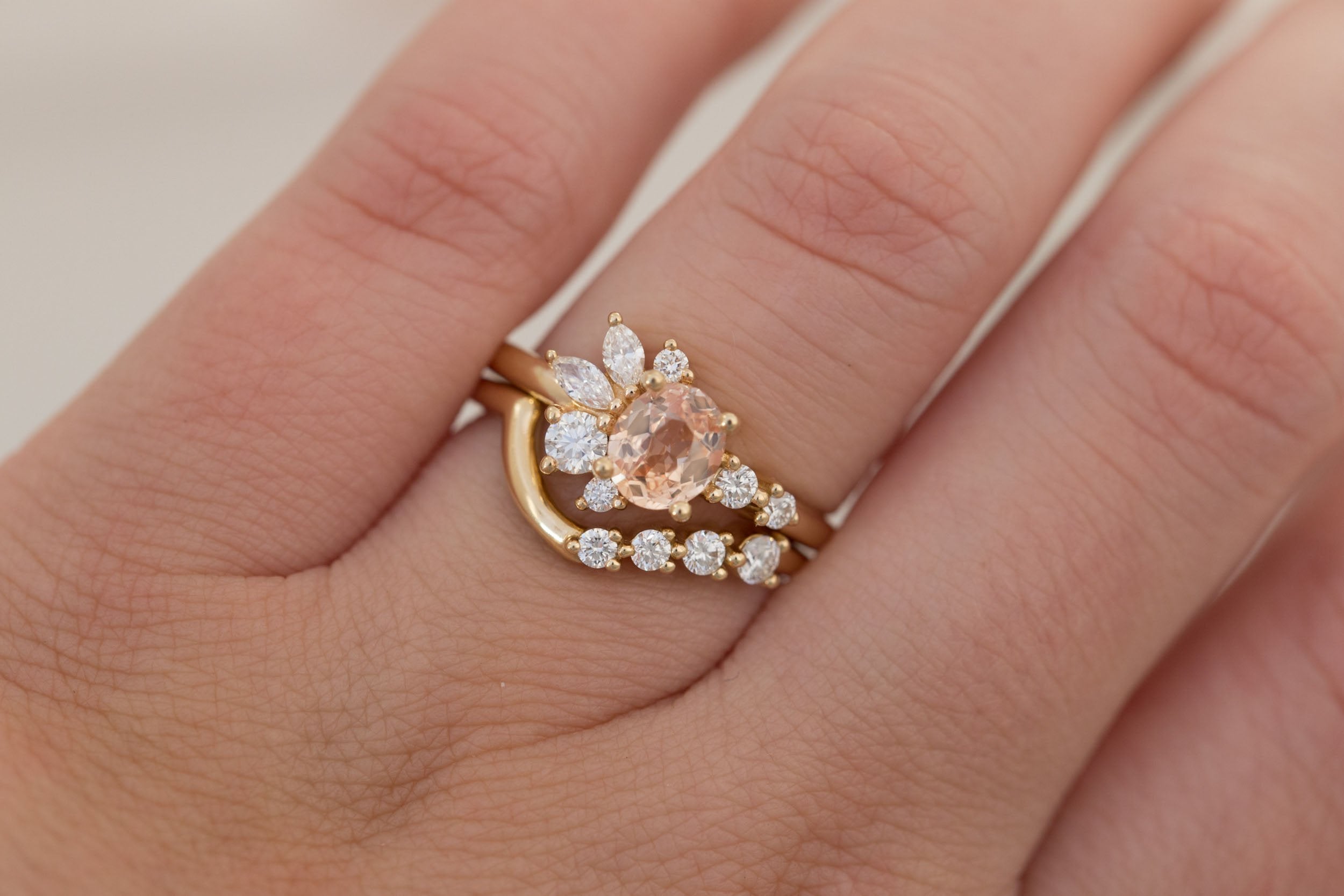 Ambretta Ring | Peach Oval Sapphire + Diamond Cluster Engagement Ring 0.96 ct | 14k Recycled Gold | One of a Kind