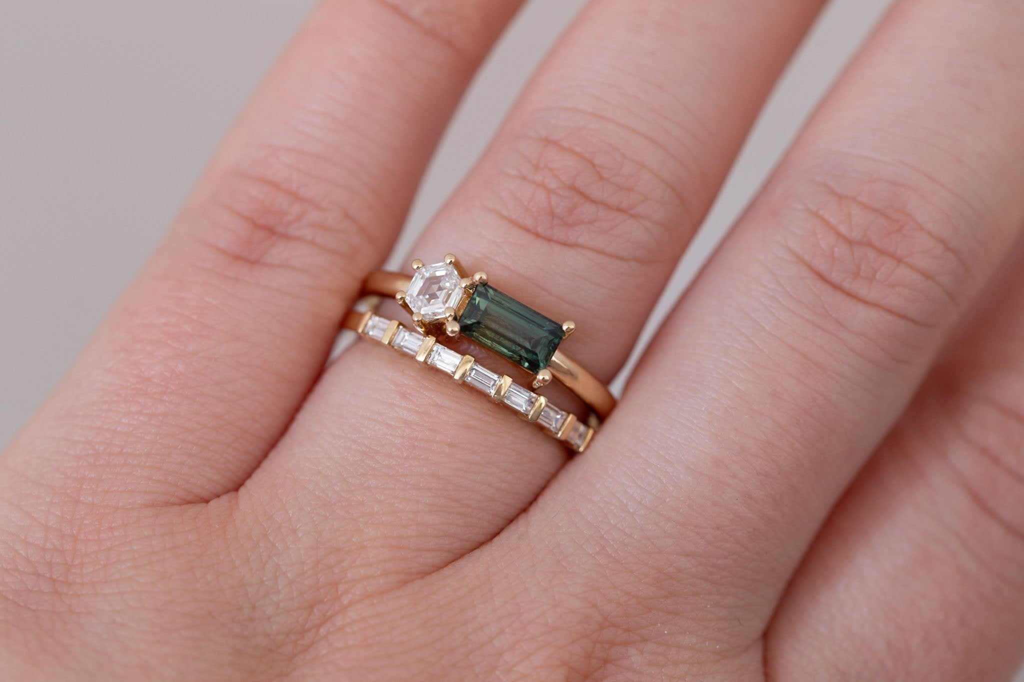 Liana Ring | Green Sapphire + Hexagon Diamond Engagement Ring | 14k Recycled Gold | One of a Kind