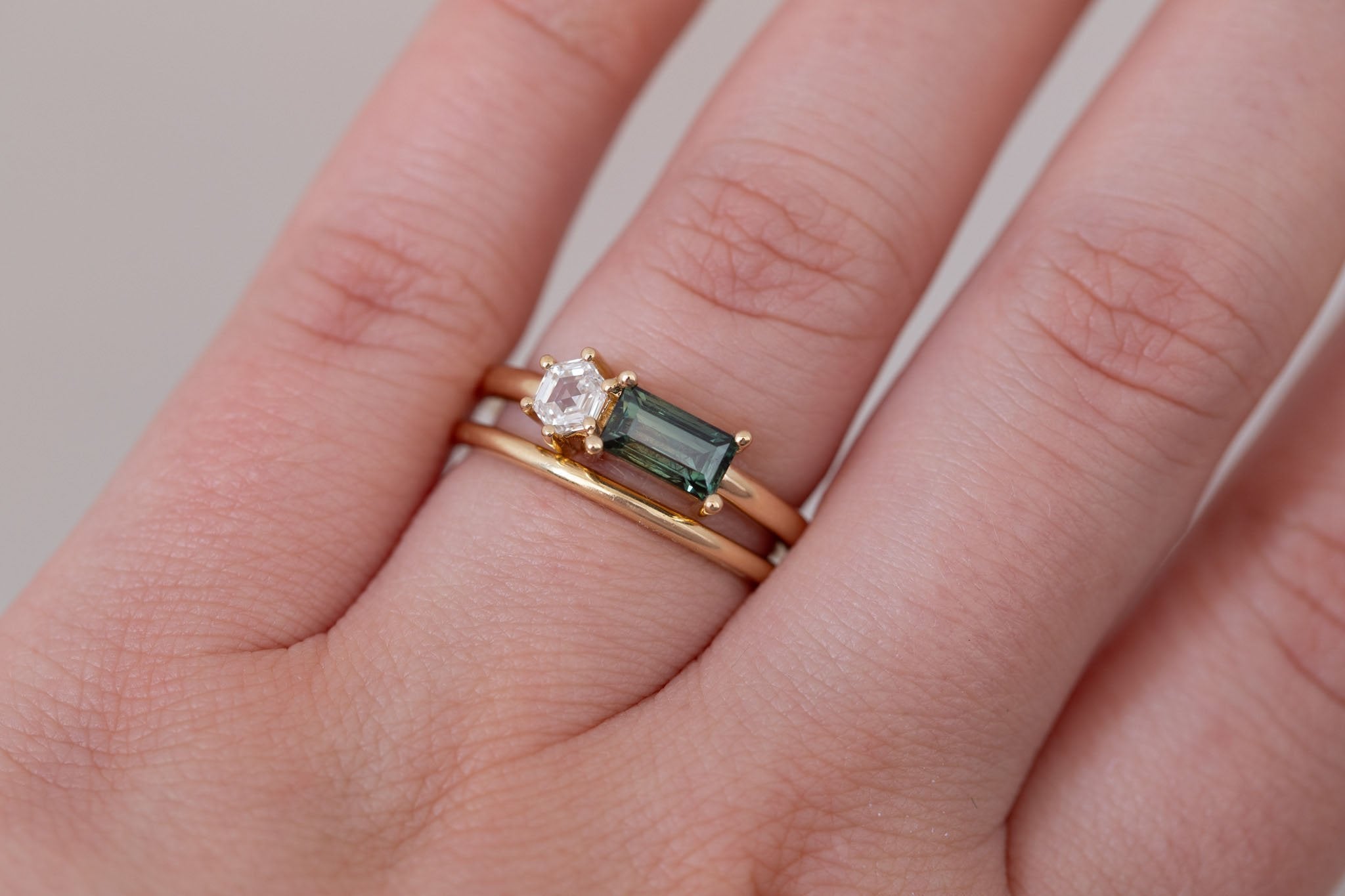 Liana Ring | Green Sapphire + Hexagon Diamond Engagement Ring | 14k Recycled Gold | One of a Kind
