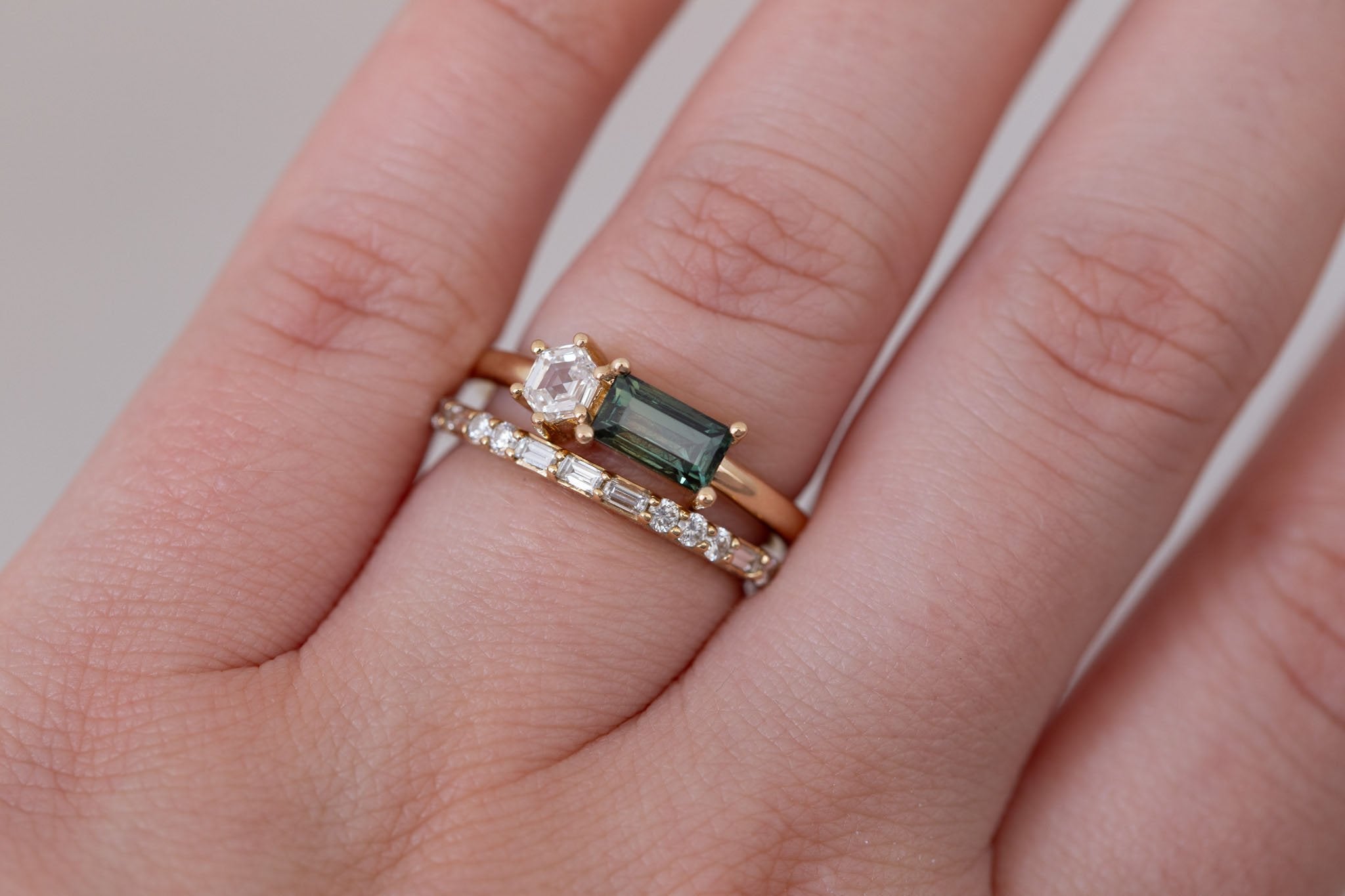 Liana Ring | Green Sapphire + Hexagon Diamond Engagement Ring | 14k Recycled Gold | One of a Kind