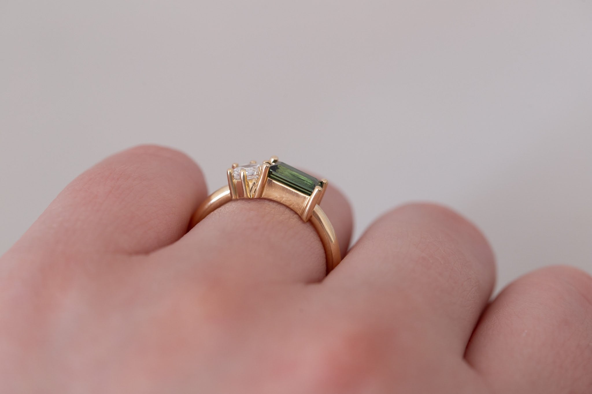 Liana Ring | Green Sapphire + Hexagon Diamond Engagement Ring | 14k Recycled Gold | One of a Kind