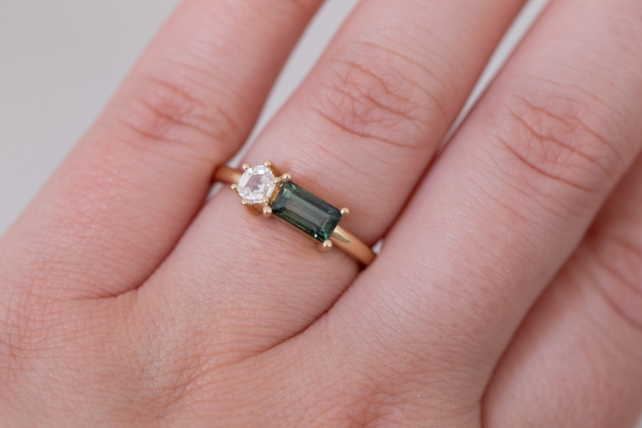 Liana Ring | Green Sapphire + Hexagon Diamond Engagement Ring | 14k Recycled Gold | One of a Kind