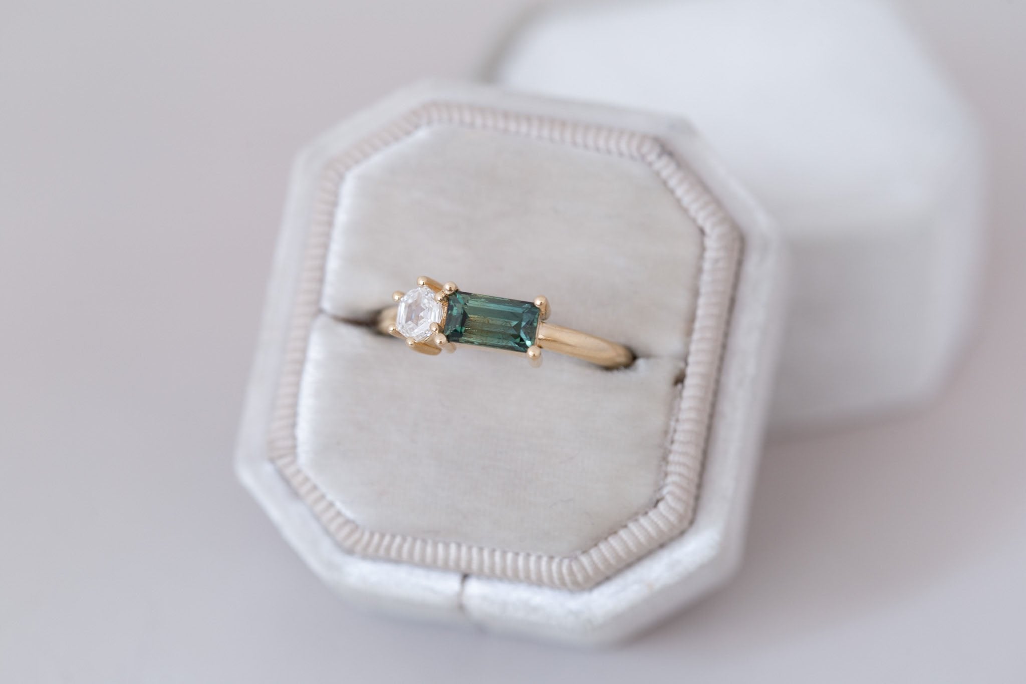 Liana Ring | Green Sapphire + Hexagon Diamond Engagement Ring | 14k Recycled Gold | One of a Kind