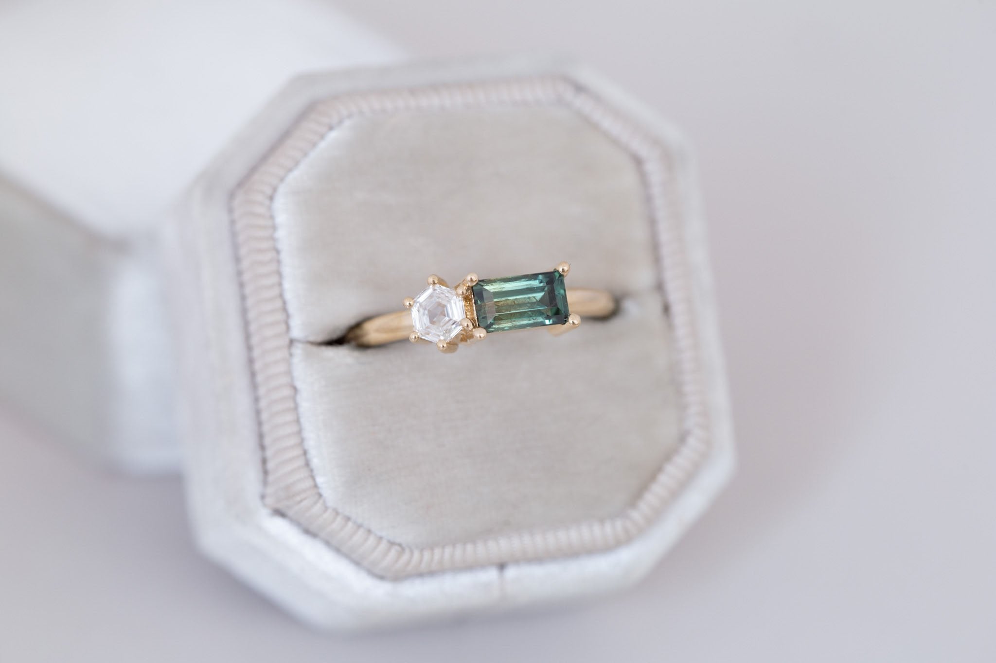 Liana Ring | Green Sapphire + Hexagon Diamond Engagement Ring | 14k Recycled Gold | One of a Kind