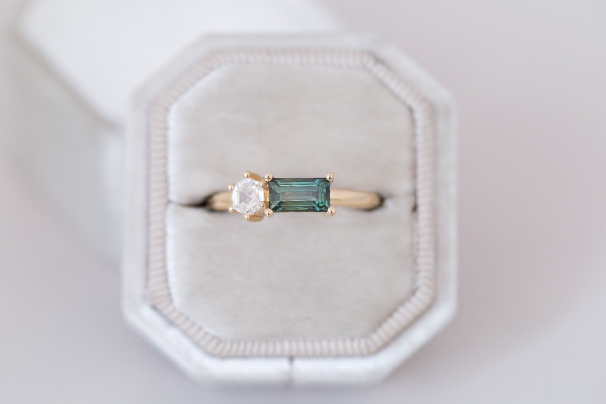 Liana Ring | Green Sapphire + Hexagon Diamond Engagement Ring | 14k Recycled Gold | One of a Kind