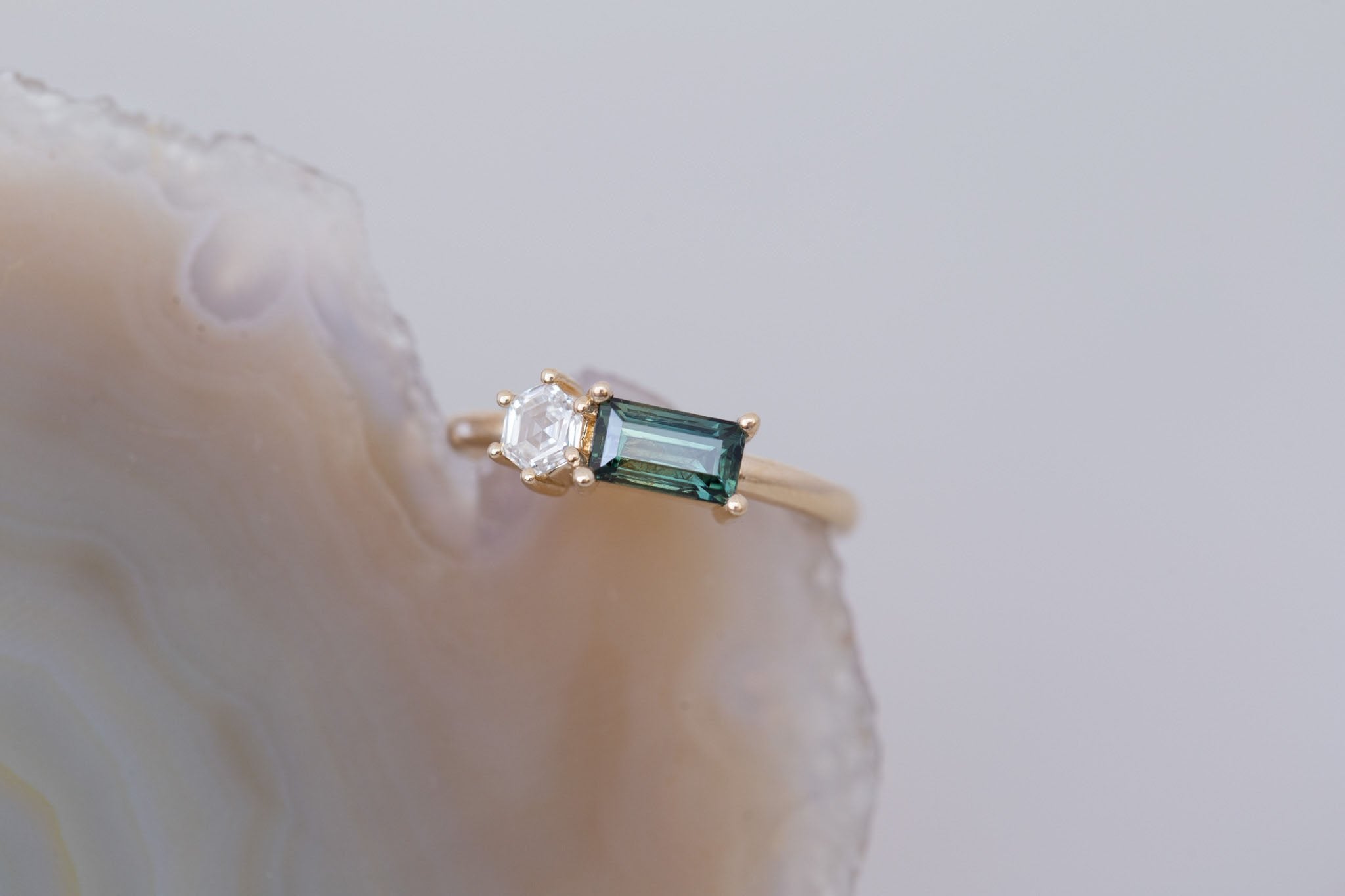 Liana Ring | Green Sapphire + Hexagon Diamond Engagement Ring | 14k Recycled Gold | One of a Kind