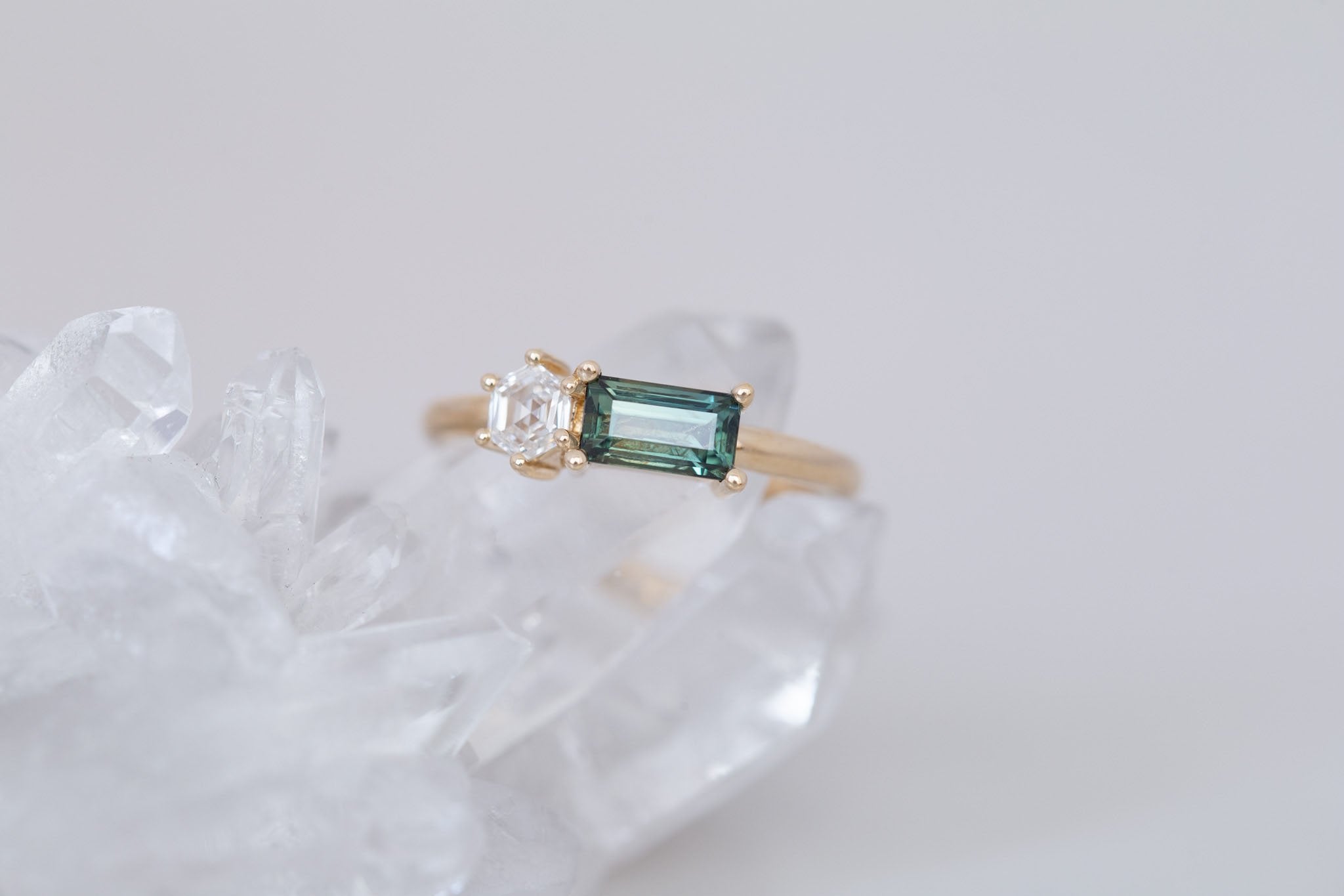 Liana Ring | Green Sapphire + Hexagon Diamond Engagement Ring | 14k Recycled Gold | One of a Kind