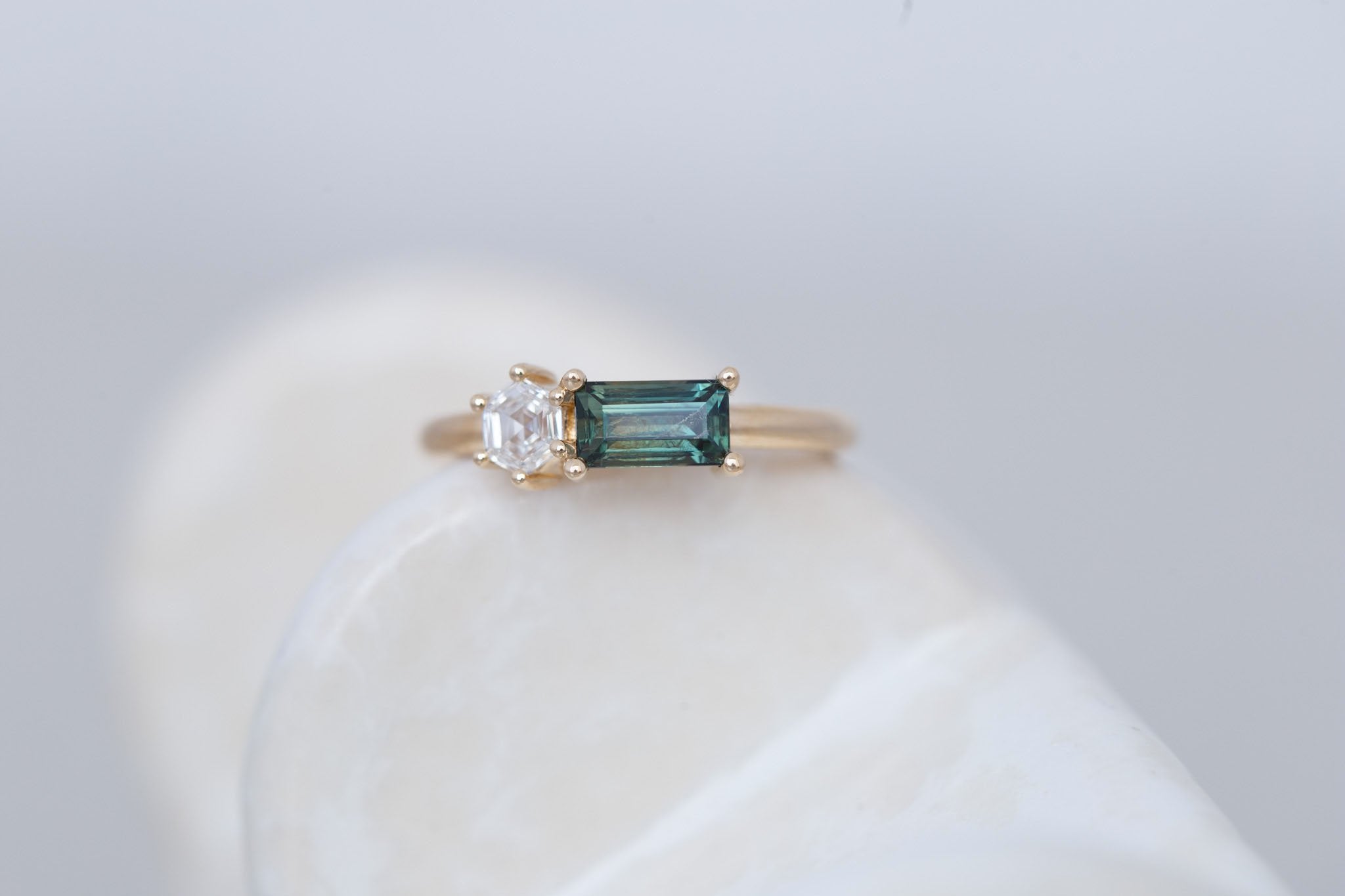 Liana Ring | Green Sapphire + Hexagon Diamond Engagement Ring | 14k Recycled Gold | One of a Kind