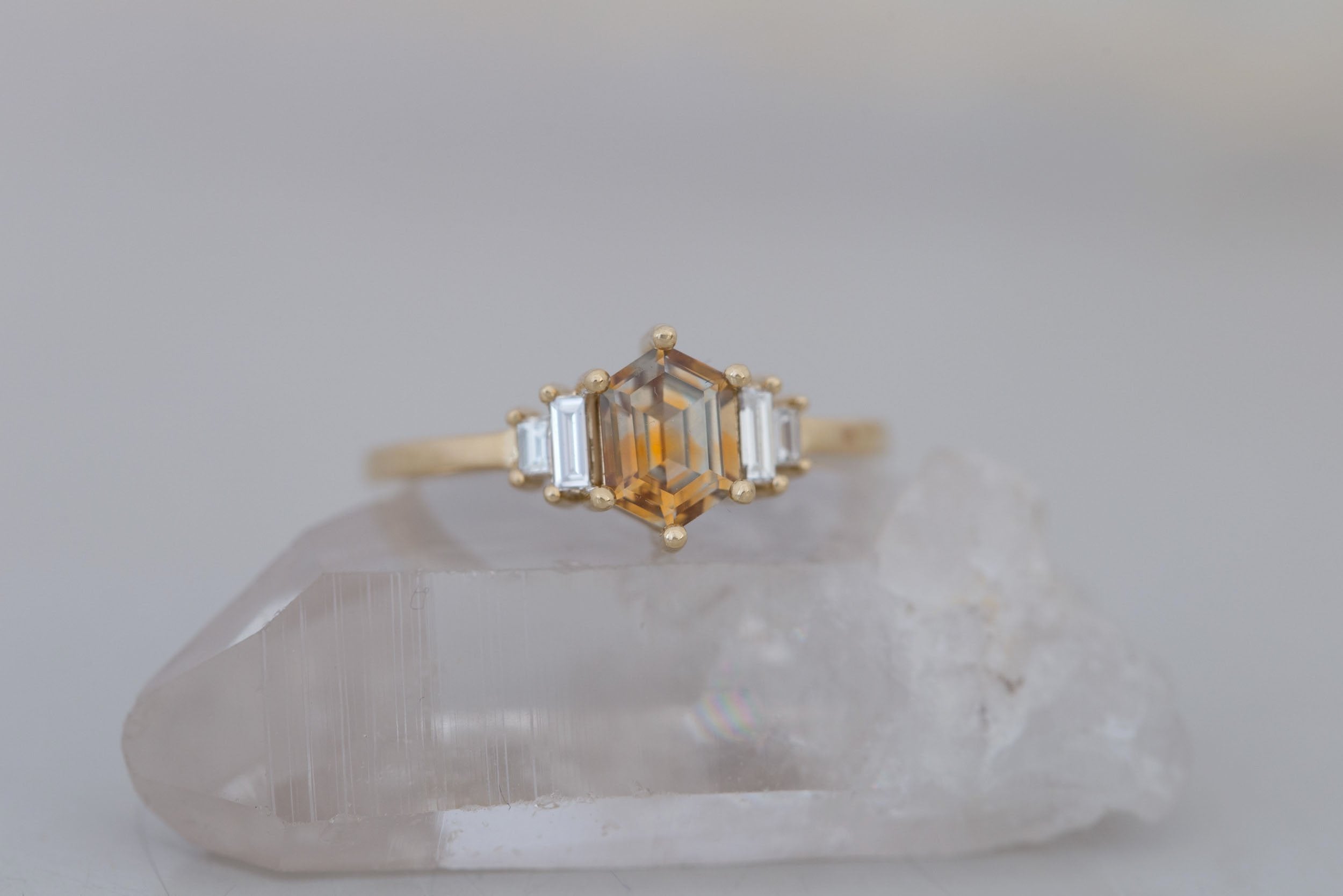 Ash Ring | Bicolor Montana Hexagonal Sapphire + Diamond Baguette Engagement Ring 0.97 ct | 14k Recycled Gold | One of a Kind