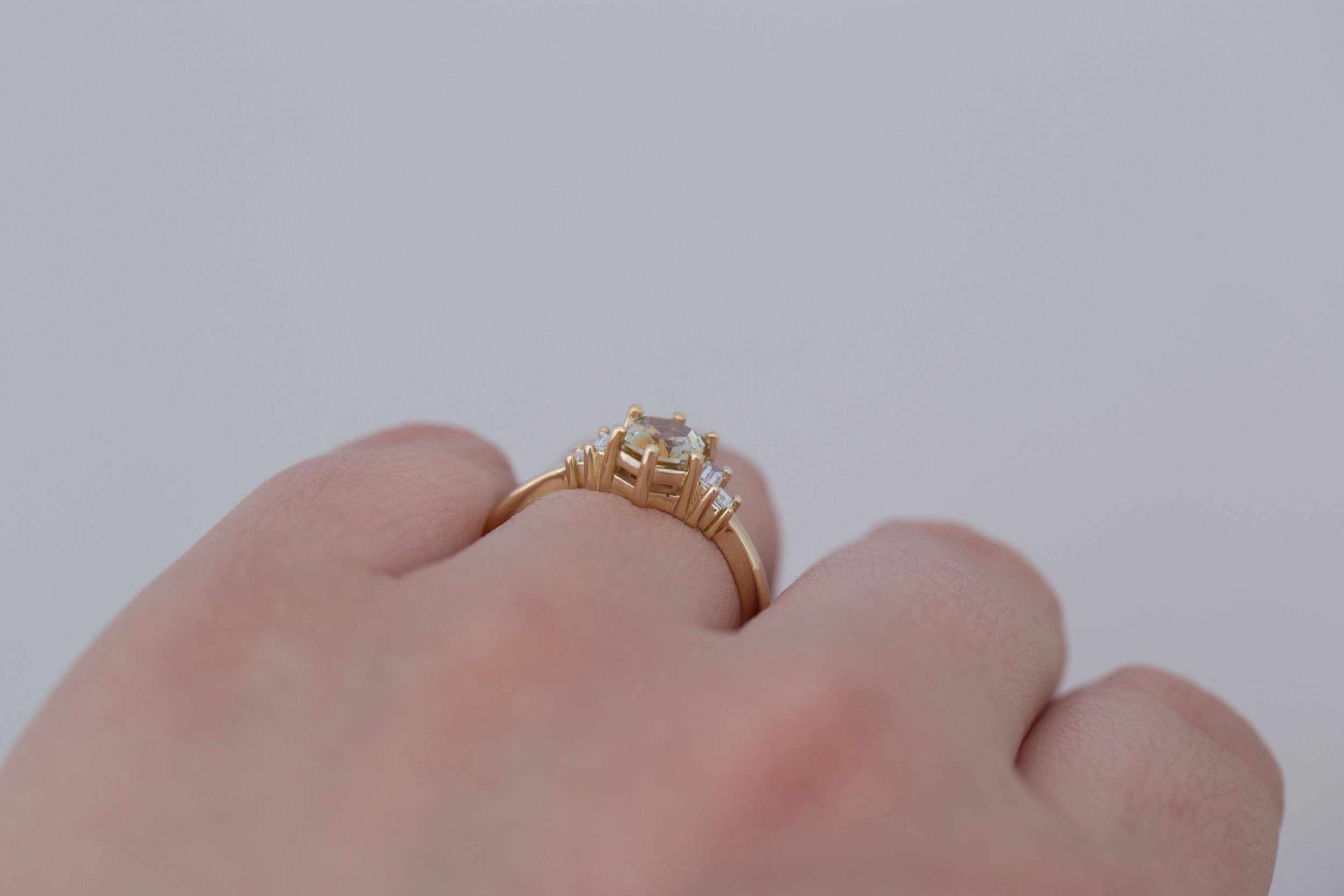 Ash Ring | Bicolor Montana Hexagonal Sapphire + Diamond Baguette Engagement Ring 0.97 ct | 14k Recycled Gold | One of a Kind