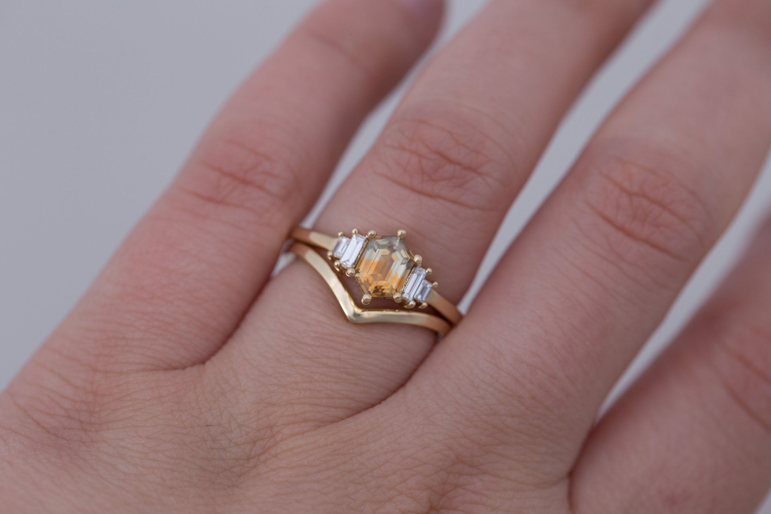 Ash Ring | Bicolor Montana Hexagonal Sapphire + Diamond Baguette Engagement Ring 0.97 ct | 14k Recycled Gold | One of a Kind