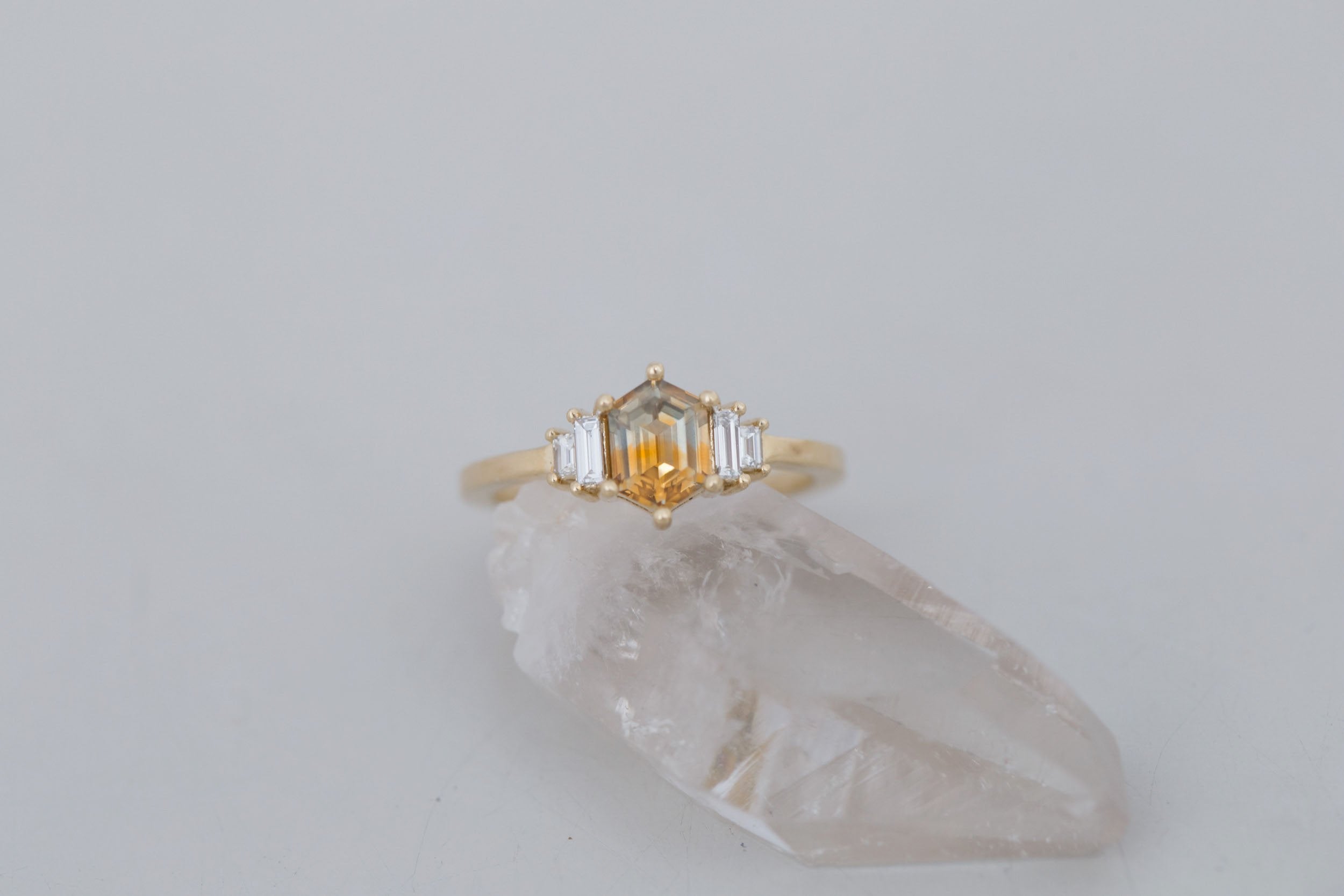 Ash Ring | Bicolor Montana Hexagonal Sapphire + Diamond Baguette Engagement Ring 0.97 ct | 14k Recycled Gold | One of a Kind