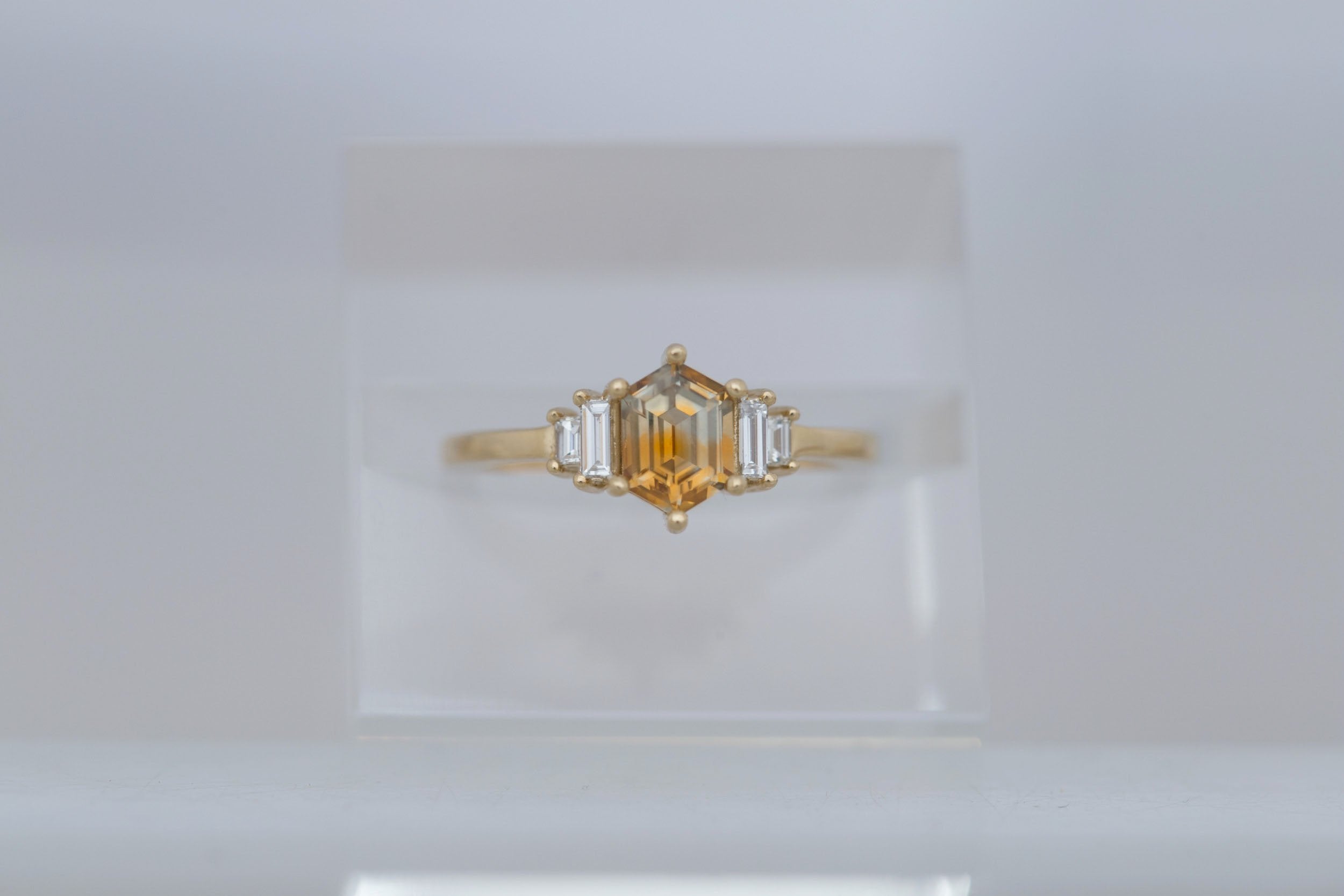 Ash Ring | Bicolor Montana Hexagonal Sapphire + Diamond Baguette Engagement Ring 0.97 ct | 14k Recycled Gold | One of a Kind