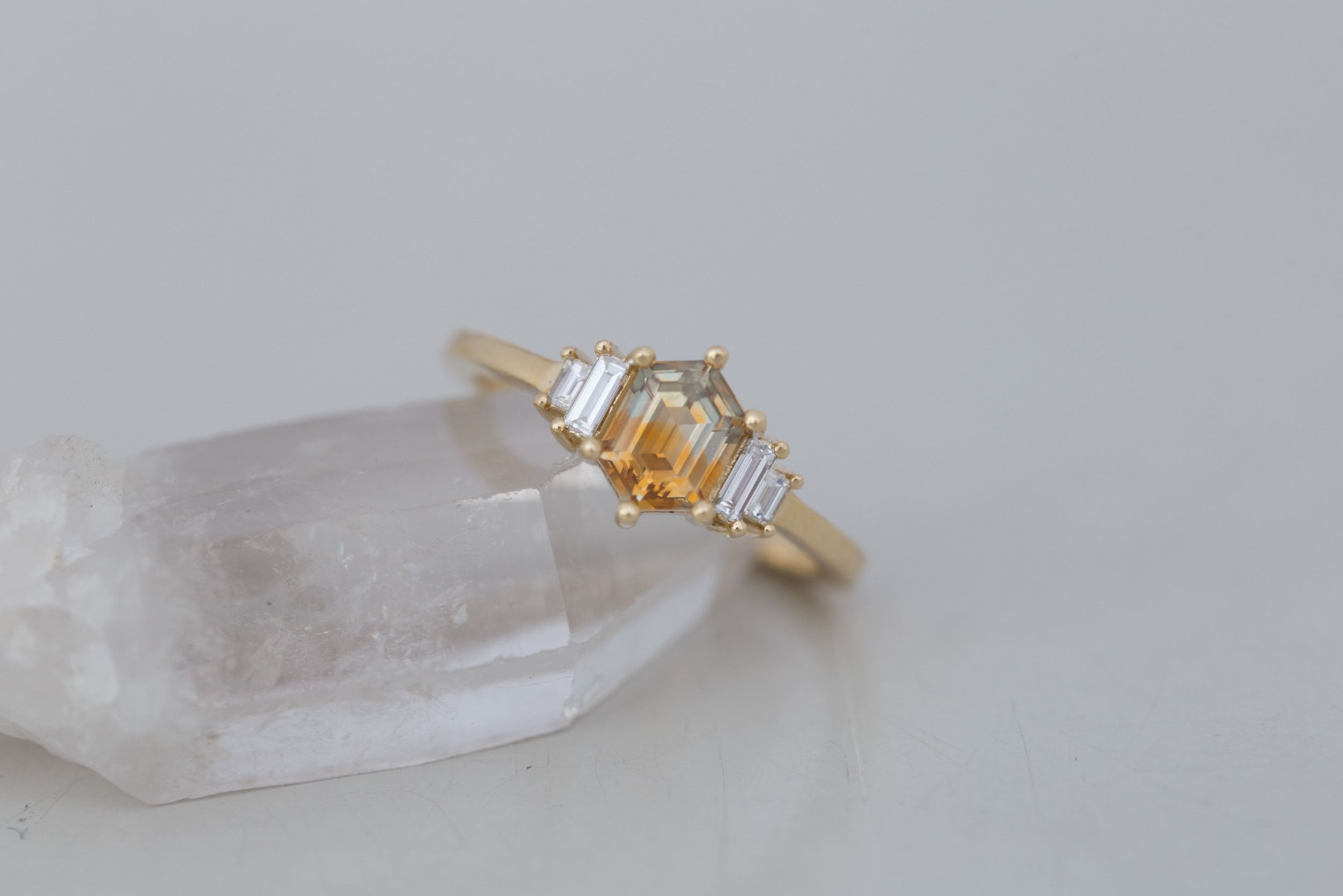 Ash Ring | Bicolor Montana Hexagonal Sapphire + Diamond Baguette Engagement Ring 0.97 ct | 14k Recycled Gold | One of a Kind