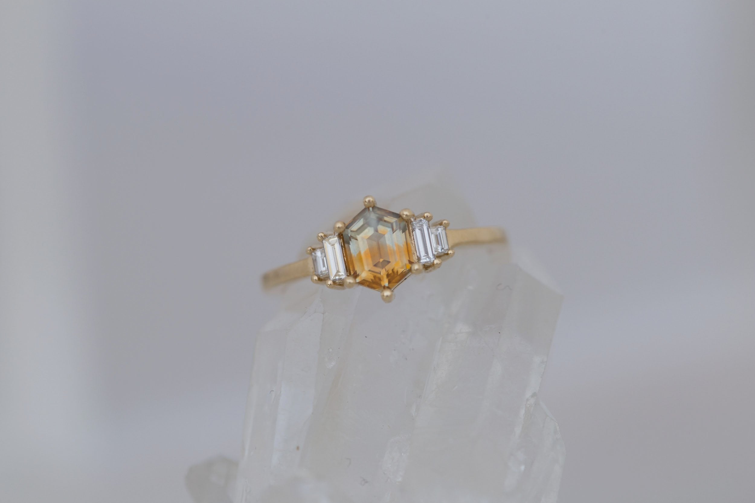 Ash Ring | Bicolor Montana Hexagonal Sapphire + Diamond Baguette Engagement Ring 0.97 ct | 14k Recycled Gold | One of a Kind