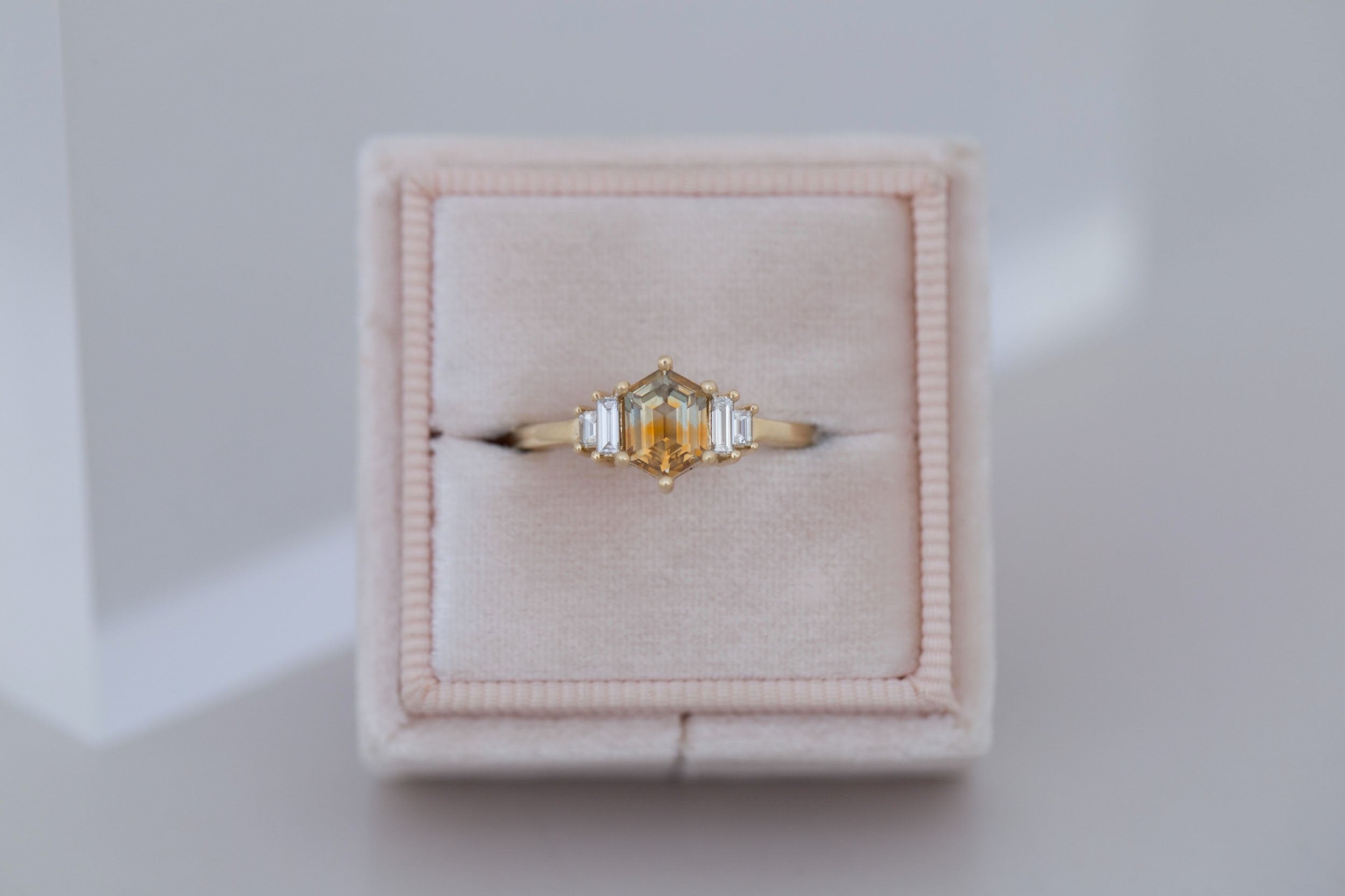 Ash Ring | Bicolor Montana Hexagonal Sapphire + Diamond Baguette Engagement Ring 0.97 ct | 14k Recycled Gold | One of a Kind