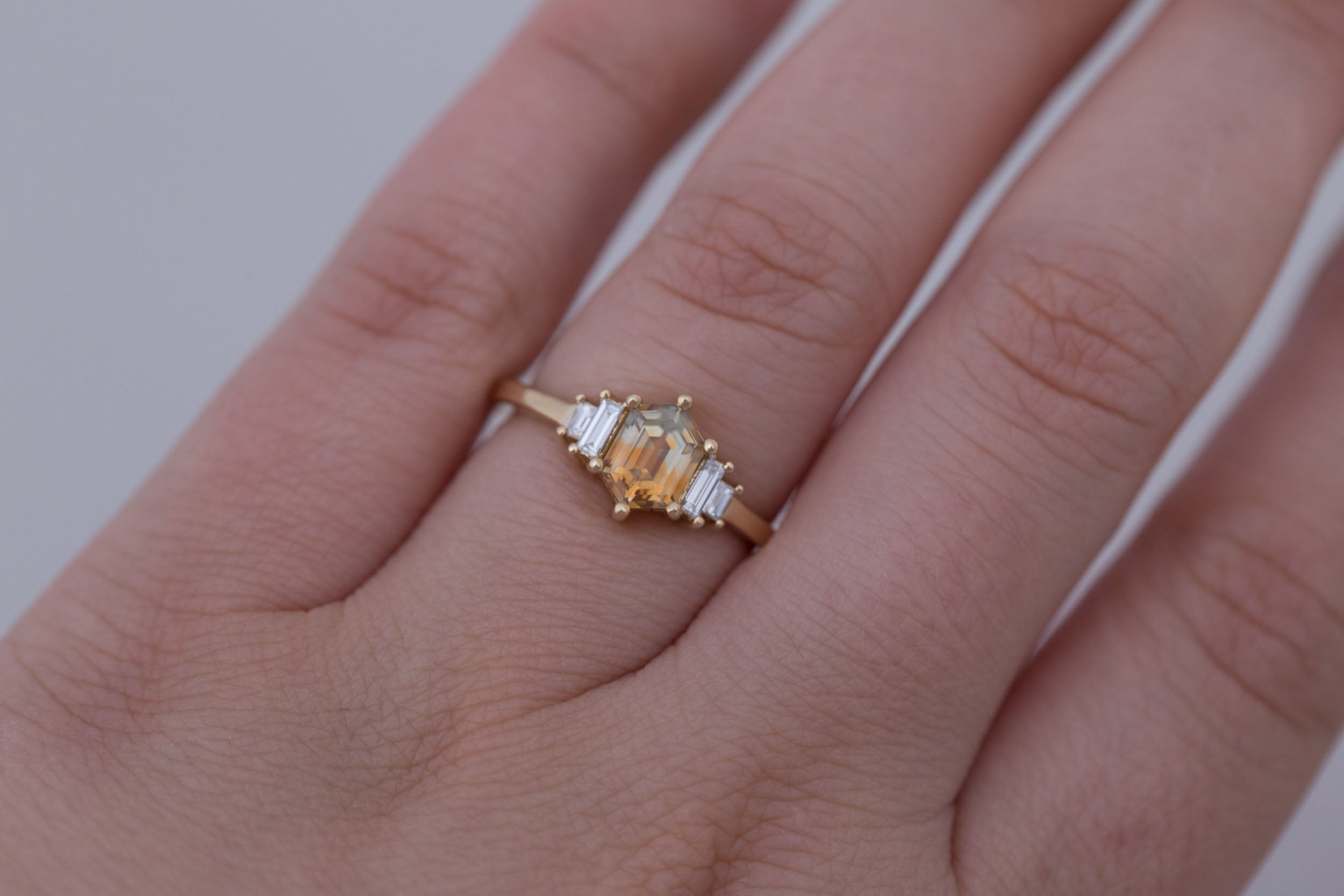 Ash Ring | Bicolor Montana Hexagonal Sapphire + Diamond Baguette Engagement Ring 0.97 ct | 14k Recycled Gold | One of a Kind