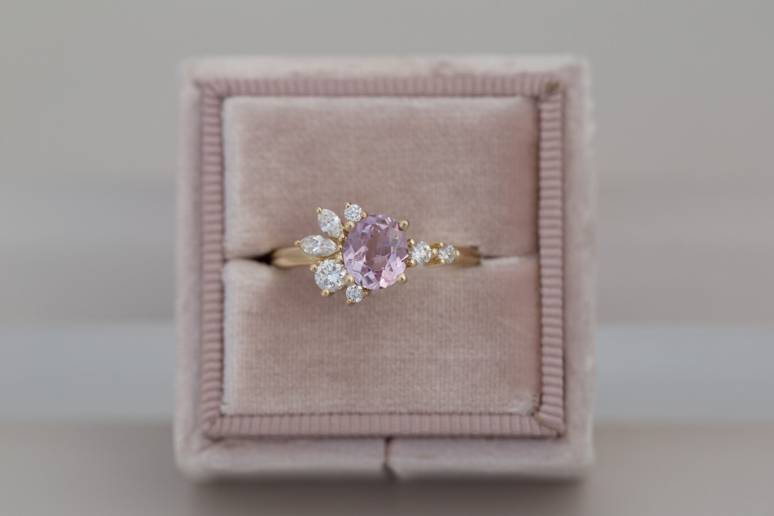 Ambretta Ring | Blush Oval Sapphire + Diamond Cluster Engagement Ring 0.98 ct | 14k Recycled Gold | One of a Kind