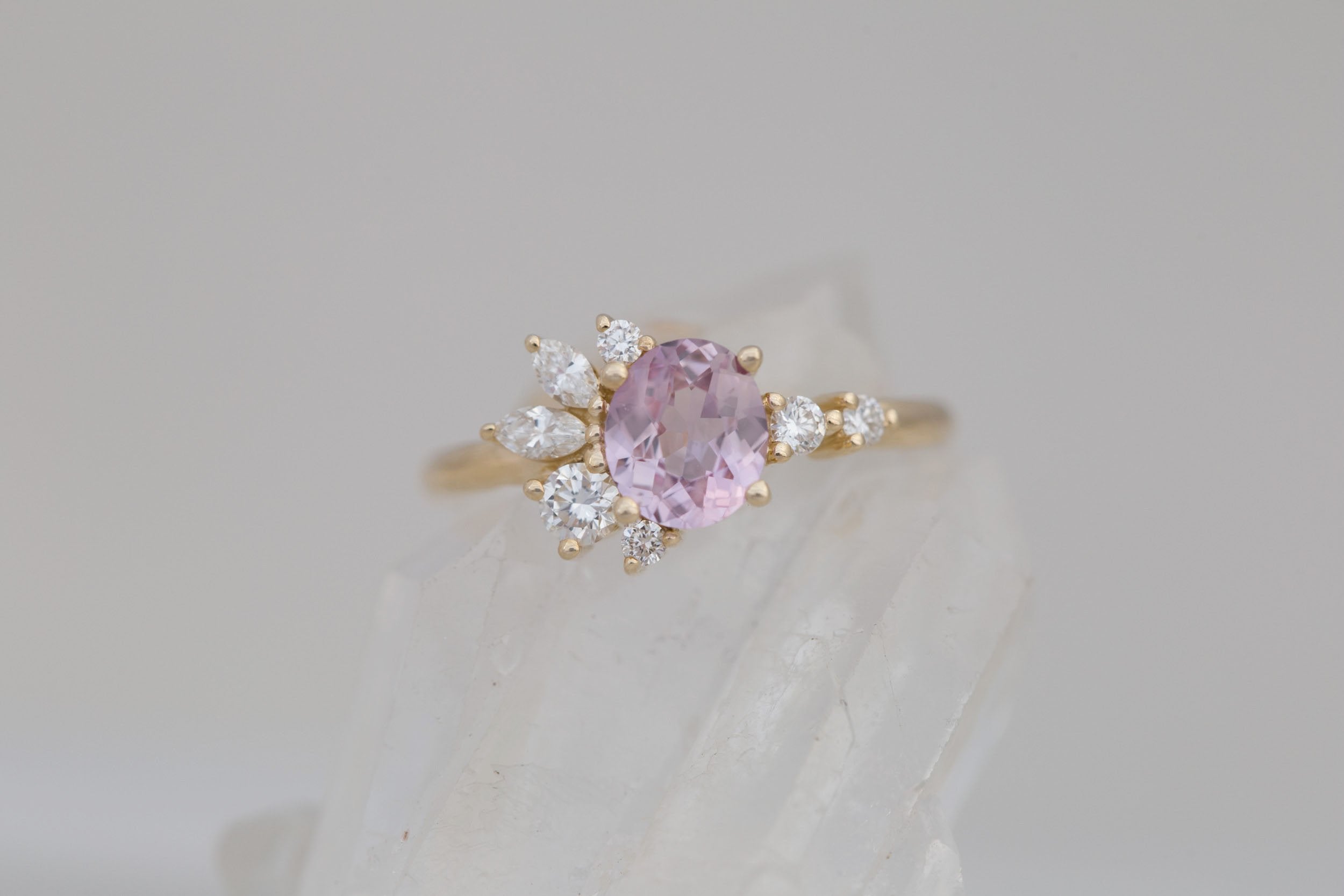 Ambretta Ring | Blush Oval Sapphire + Diamond Cluster Engagement Ring 0.98 ct | 14k Recycled Gold | One of a Kind