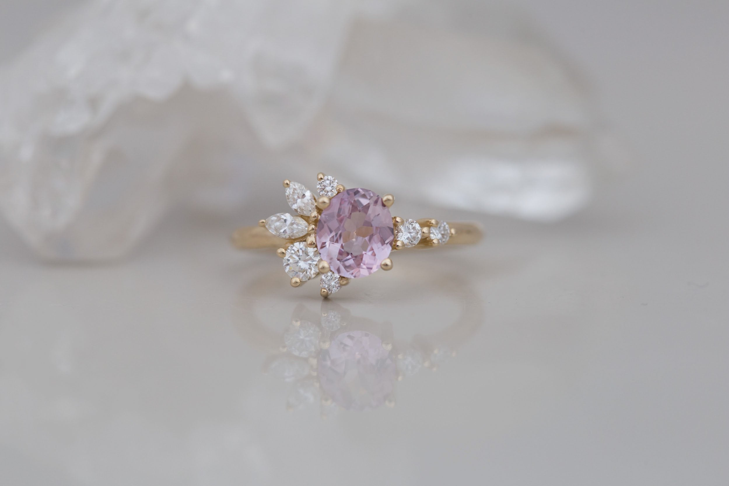 Ambretta Ring | Blush Oval Sapphire + Diamond Cluster Engagement Ring 0.98 ct | 14k Recycled Gold | One of a Kind