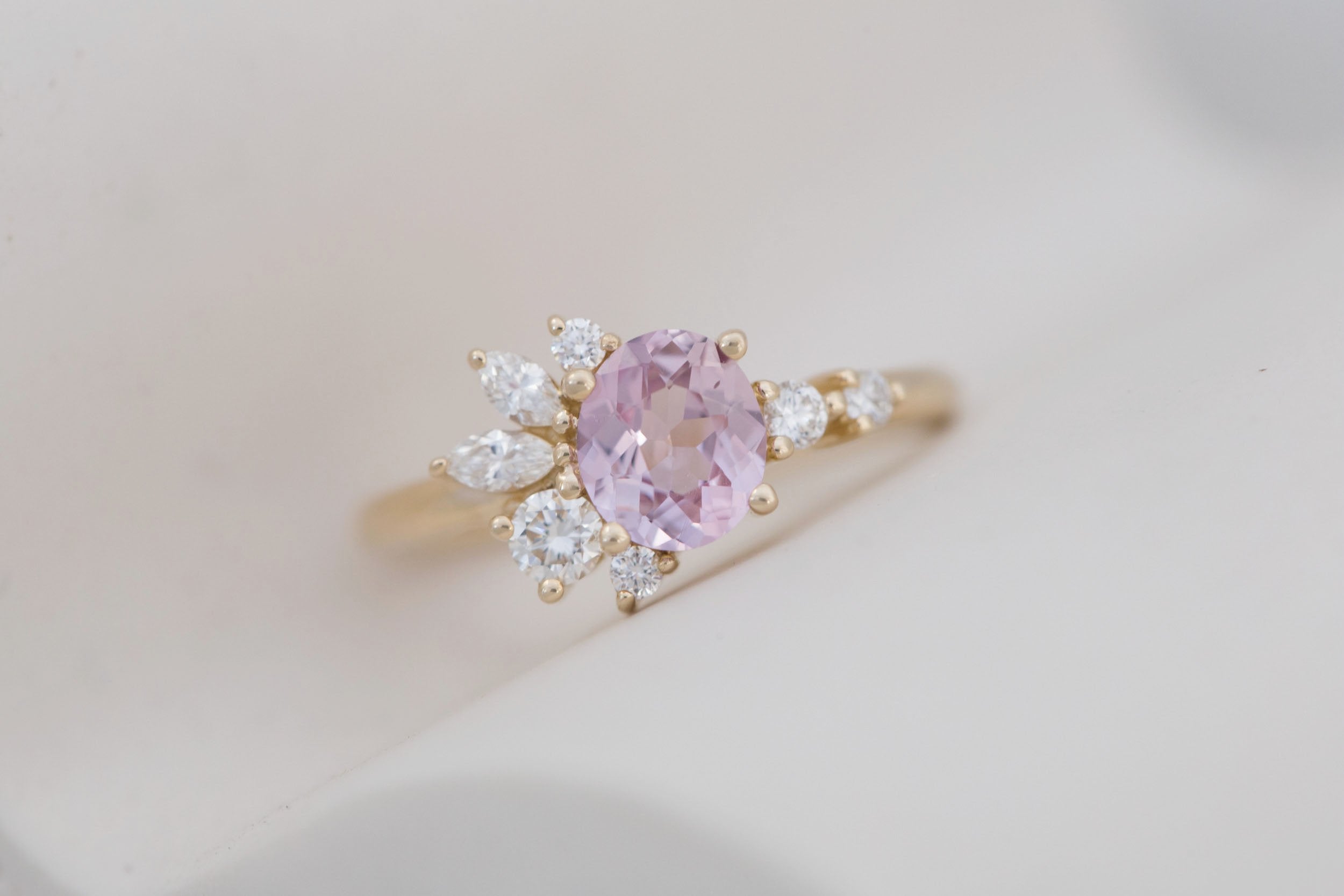 Ambretta Ring | Blush Oval Sapphire + Diamond Cluster Engagement Ring 0.98 ct | 14k Recycled Gold | One of a Kind