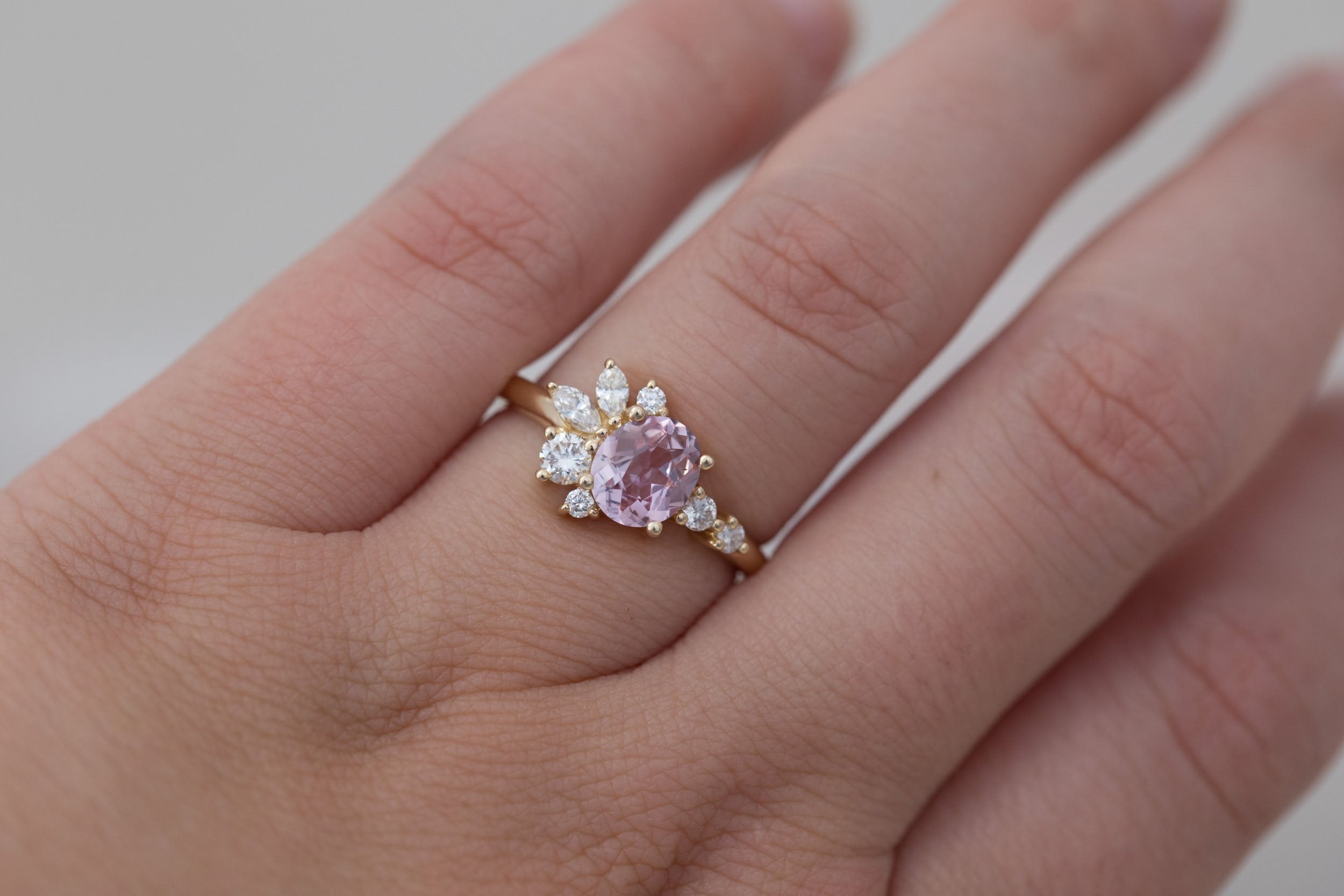 Ambretta Ring | Blush Oval Sapphire + Diamond Cluster Engagement Ring 0.98 ct | 14k Recycled Gold | One of a Kind