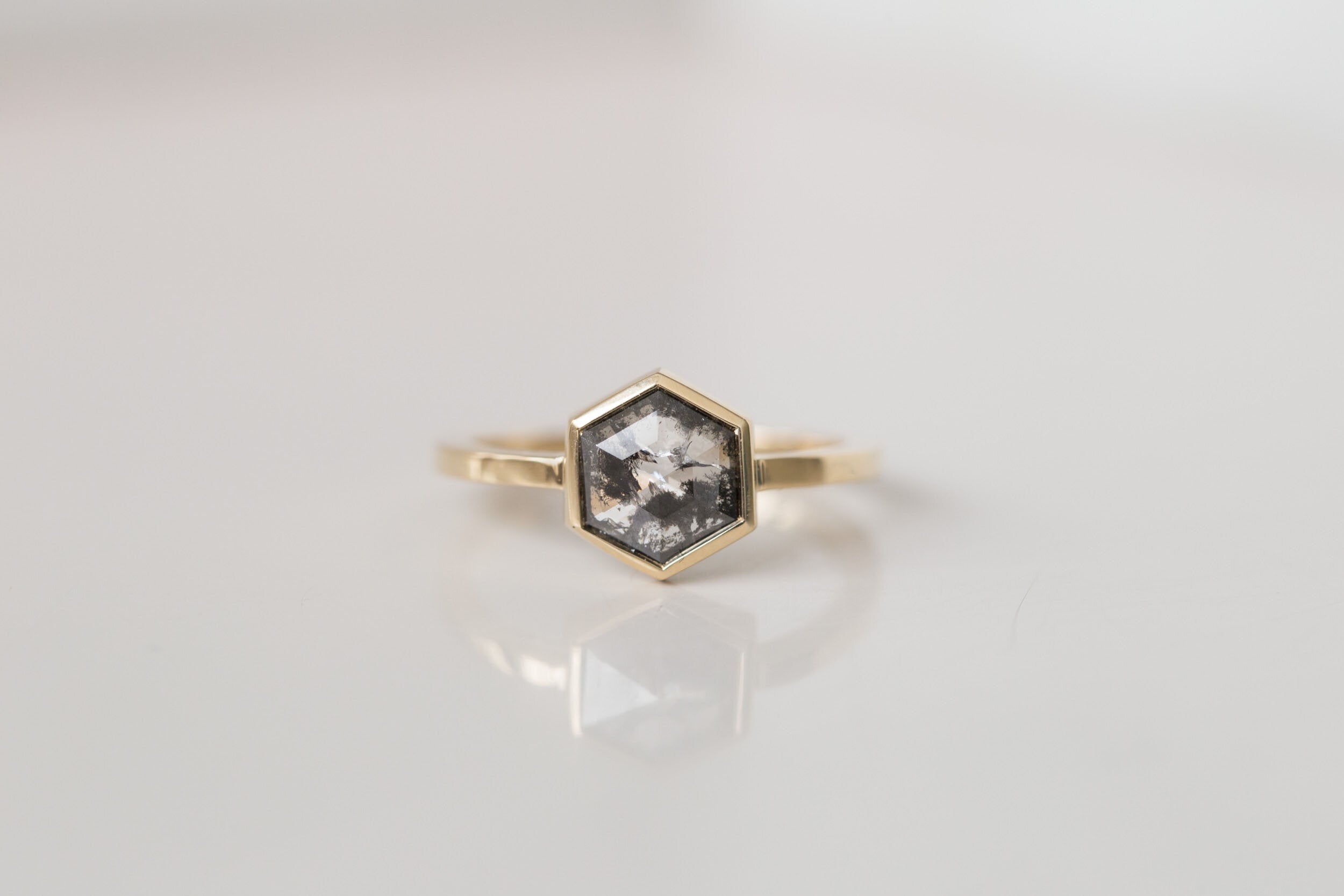 Avens Ring | Salt and Pepper Diamond Hexagon Engagement Ring 0.99 ct | 14k Recycled Gold | One of a Kind