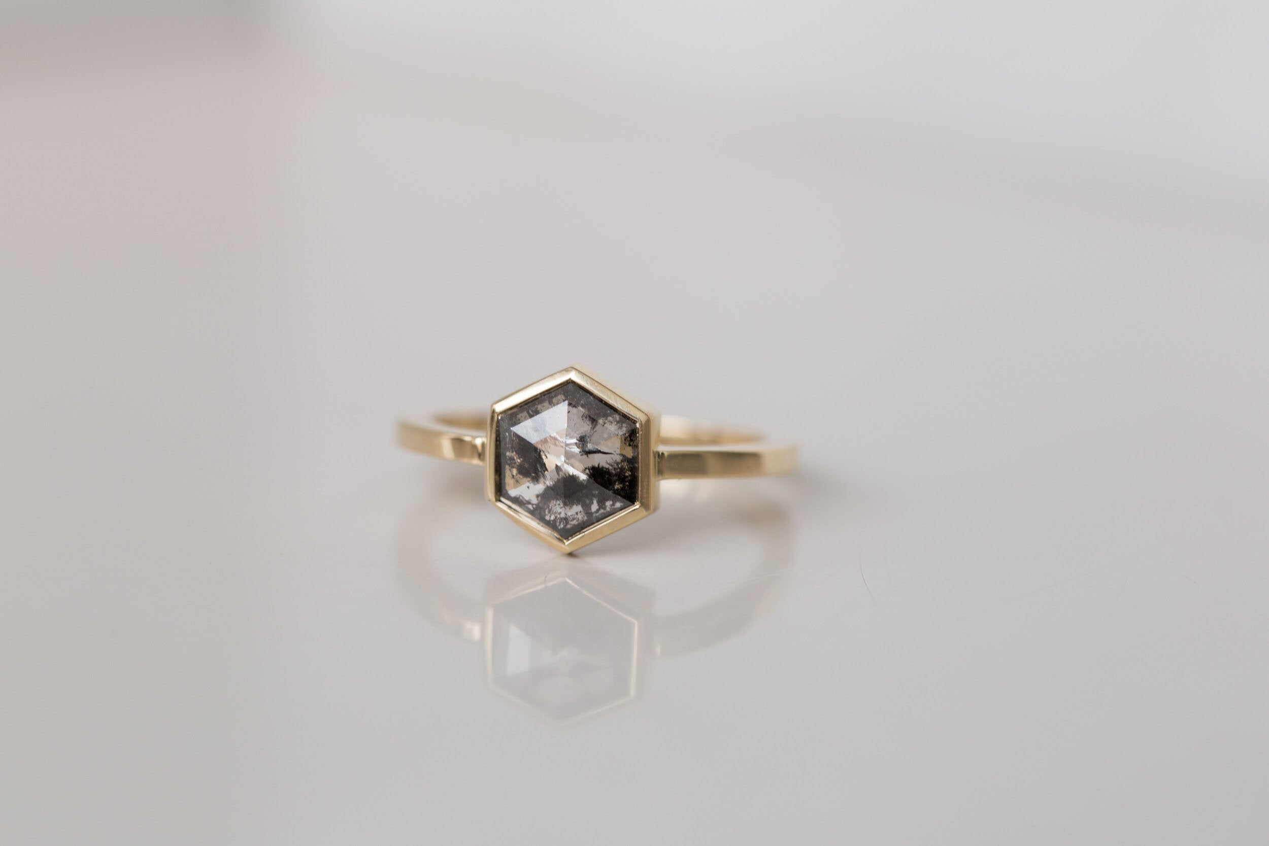 Avens Ring | Salt and Pepper Diamond Hexagon Engagement Ring 0.99 ct | 14k Recycled Gold | One of a Kind