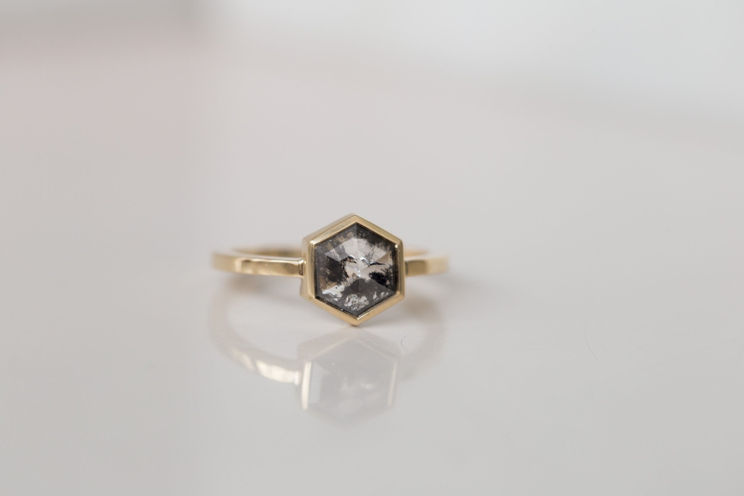 Avens Ring | Salt and Pepper Diamond Hexagon Engagement Ring 0.99 ct | 14k Recycled Gold | One of a Kind