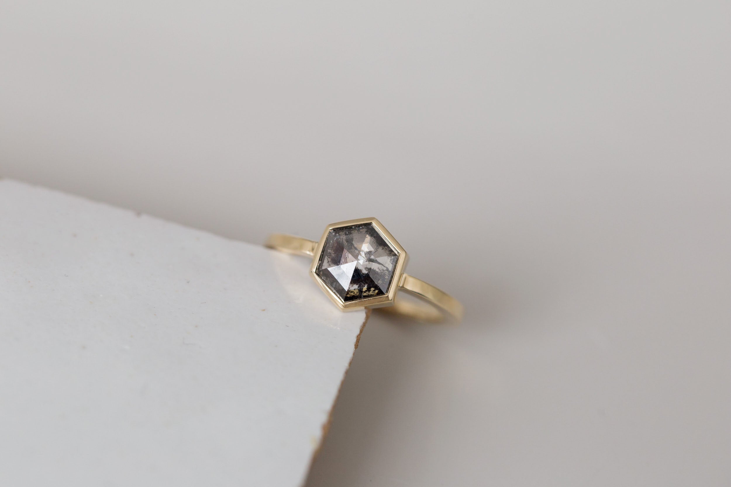 Avens Ring | Salt and Pepper Diamond Hexagon Engagement Ring 0.99 ct | 14k Recycled Gold | One of a Kind