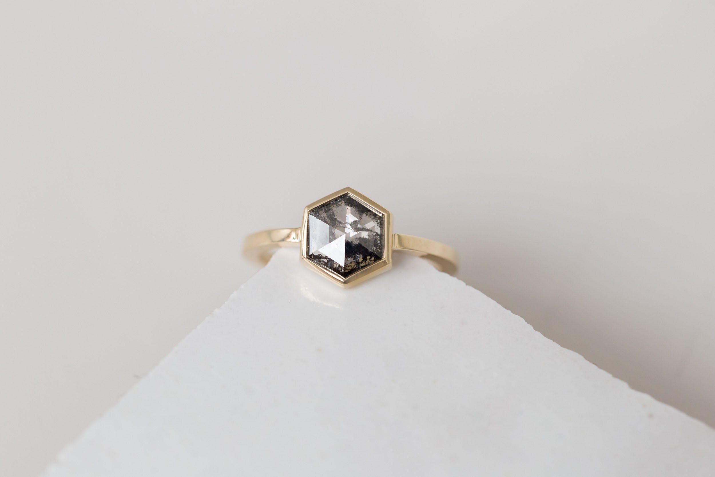 Avens Ring | Salt and Pepper Diamond Hexagon Engagement Ring 0.99 ct | 14k Recycled Gold | One of a Kind
