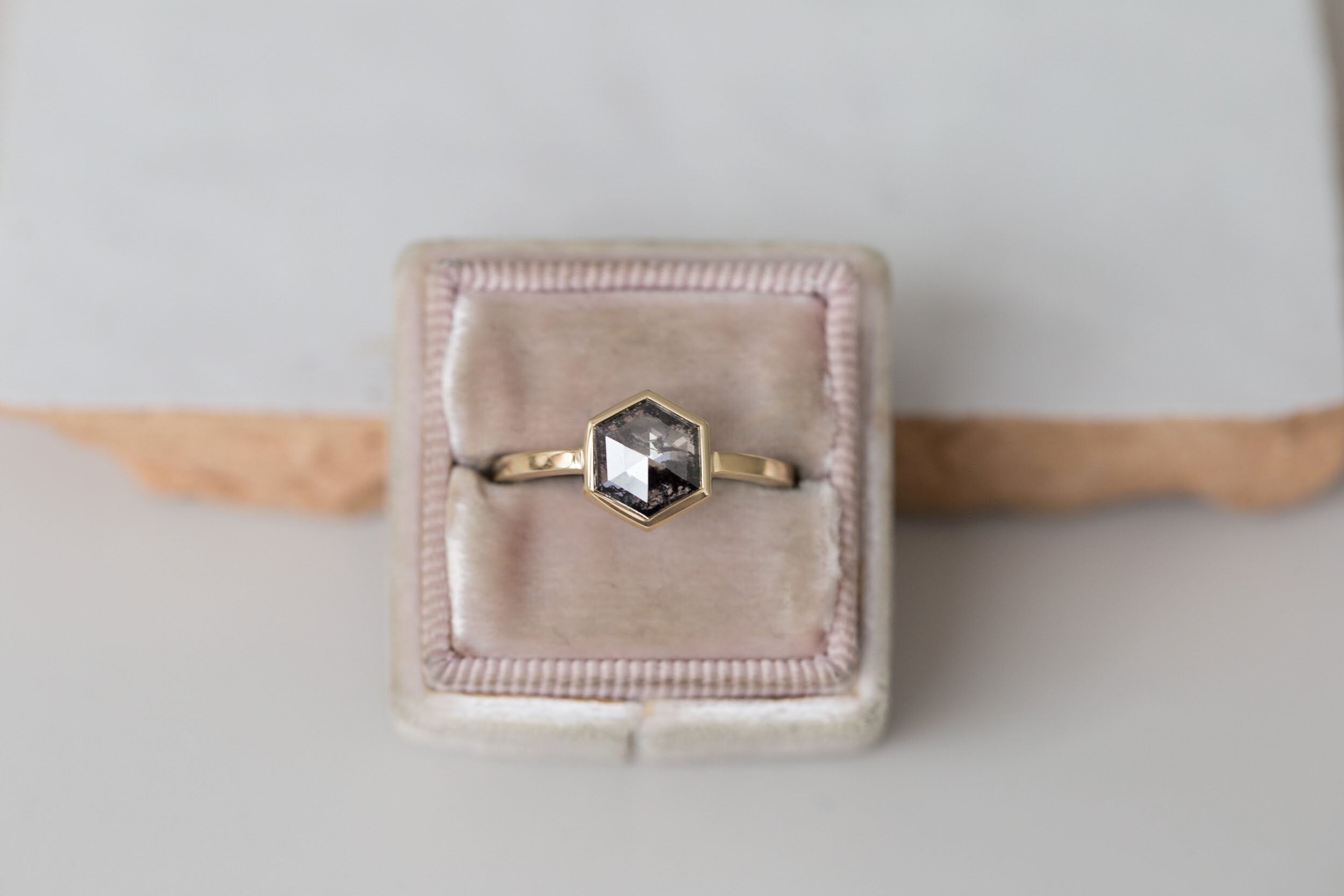 Avens Ring | Salt and Pepper Diamond Hexagon Engagement Ring 0.99 ct | 14k Recycled Gold | One of a Kind