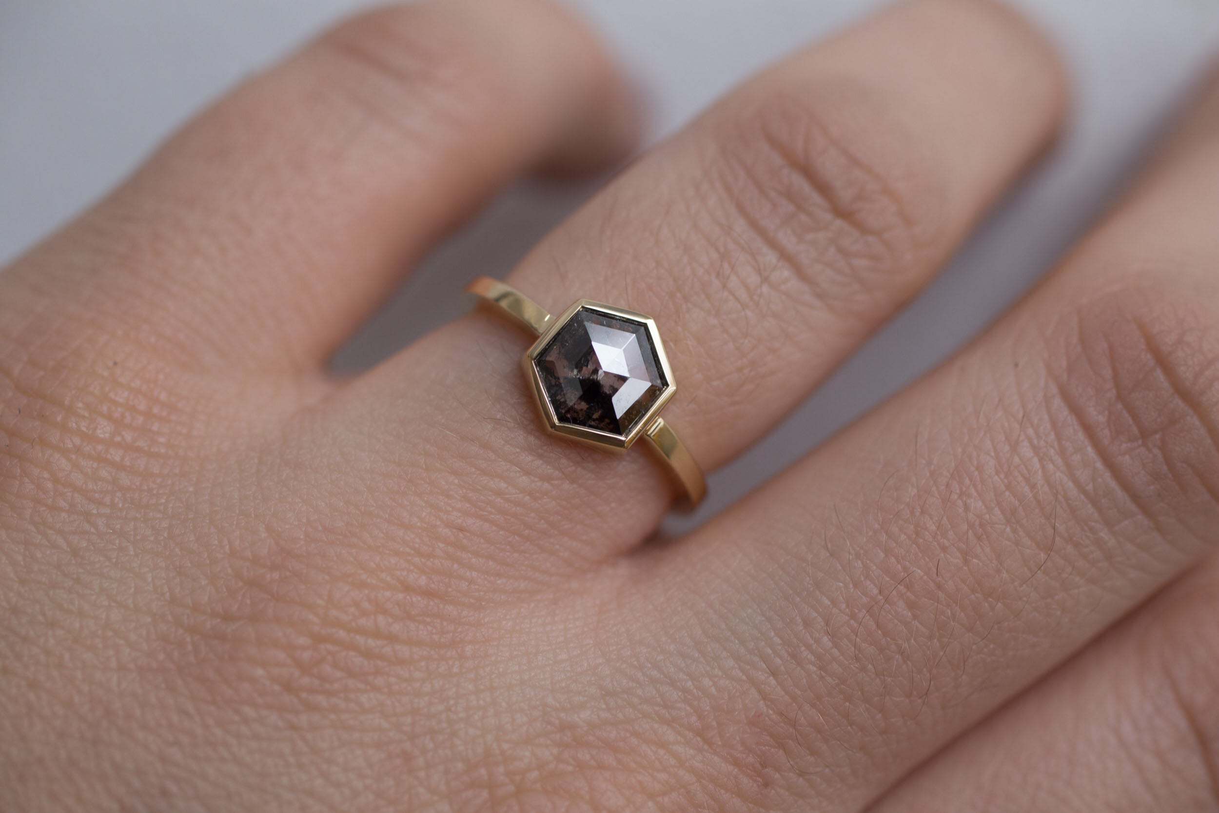 Avens Ring | Salt and Pepper Diamond Hexagon Engagement Ring 0.99 ct | 14k Recycled Gold | One of a Kind
