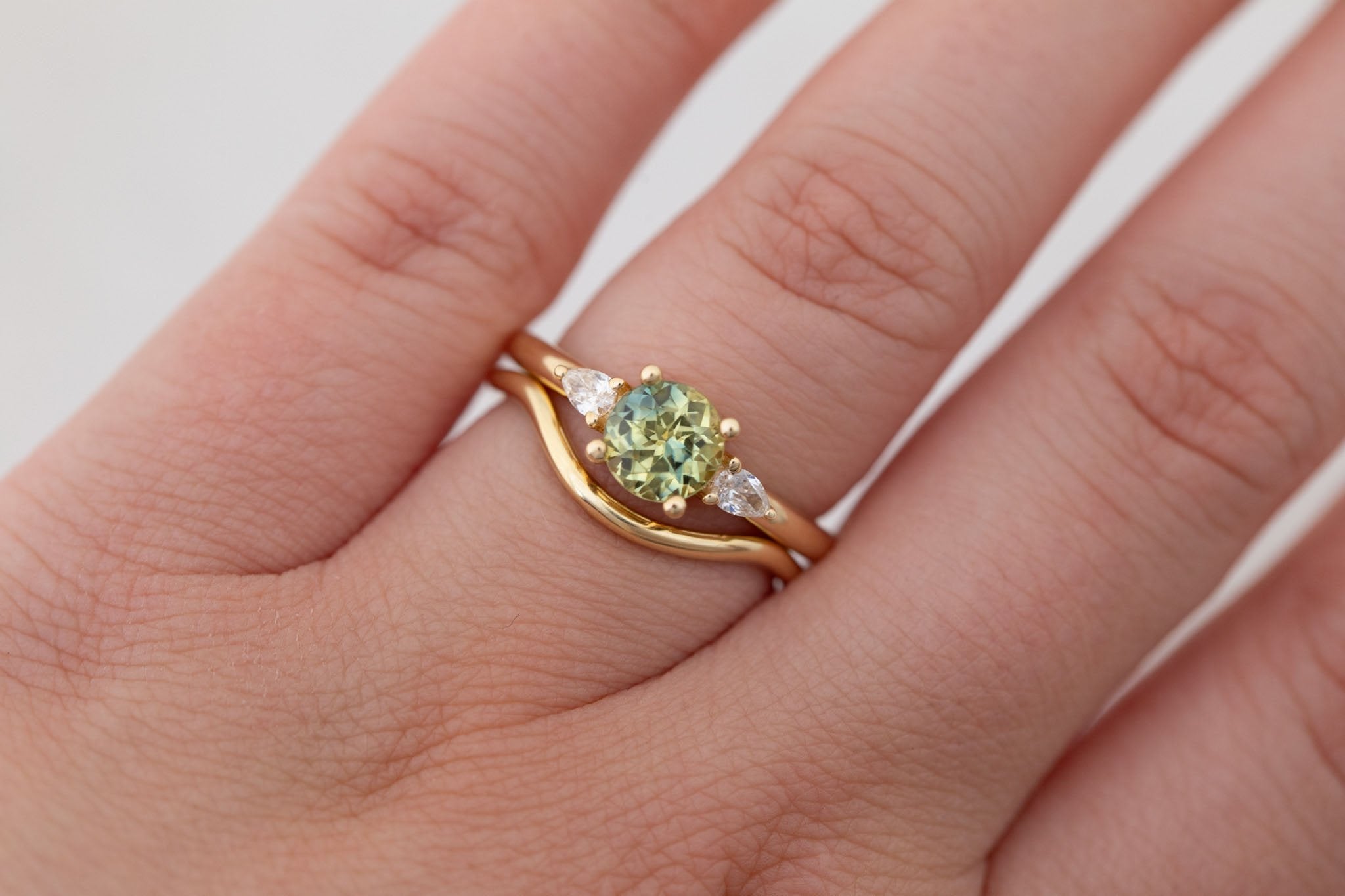 Iris Ring | Bicolor Green + Yellow Sapphire + Pear Diamond Accent Engagement Ring 1.35 ct | 14k Recycled Gold | One of a Kind