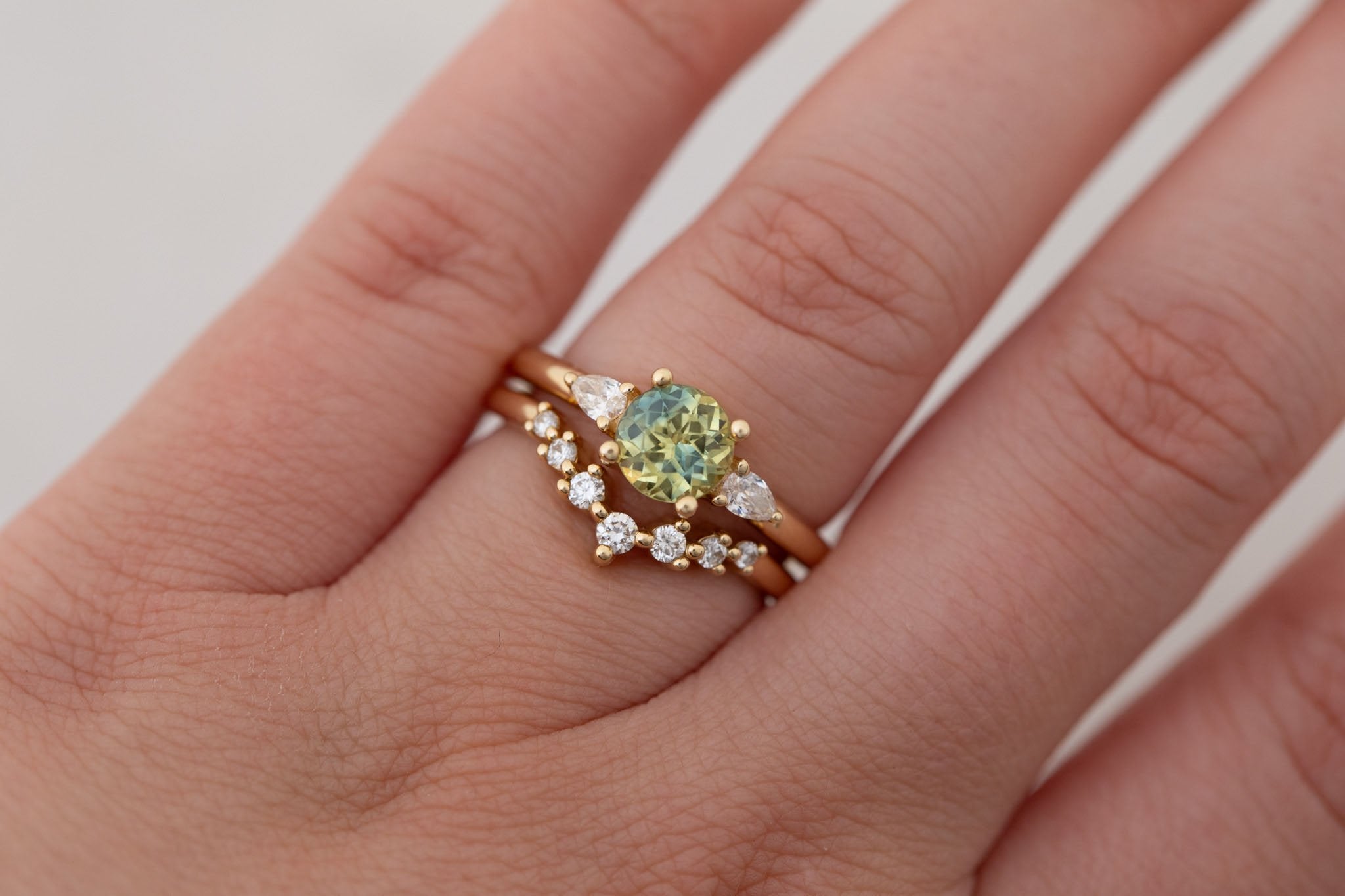 Iris Ring | Bicolor Green + Yellow Sapphire + Pear Diamond Accent Engagement Ring 1.35 ct | 14k Recycled Gold | One of a Kind