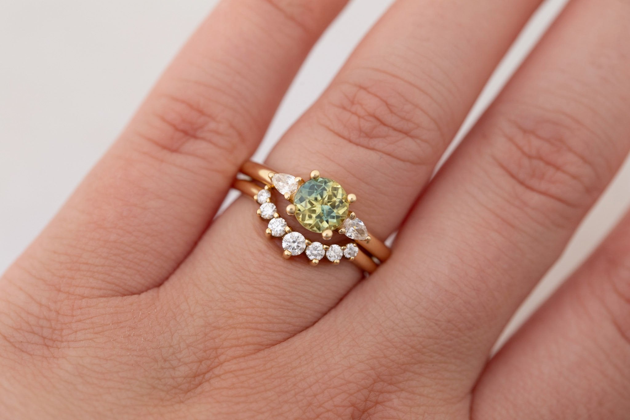 Iris Ring | Bicolor Green + Yellow Sapphire + Pear Diamond Accent Engagement Ring 1.35 ct | 14k Recycled Gold | One of a Kind