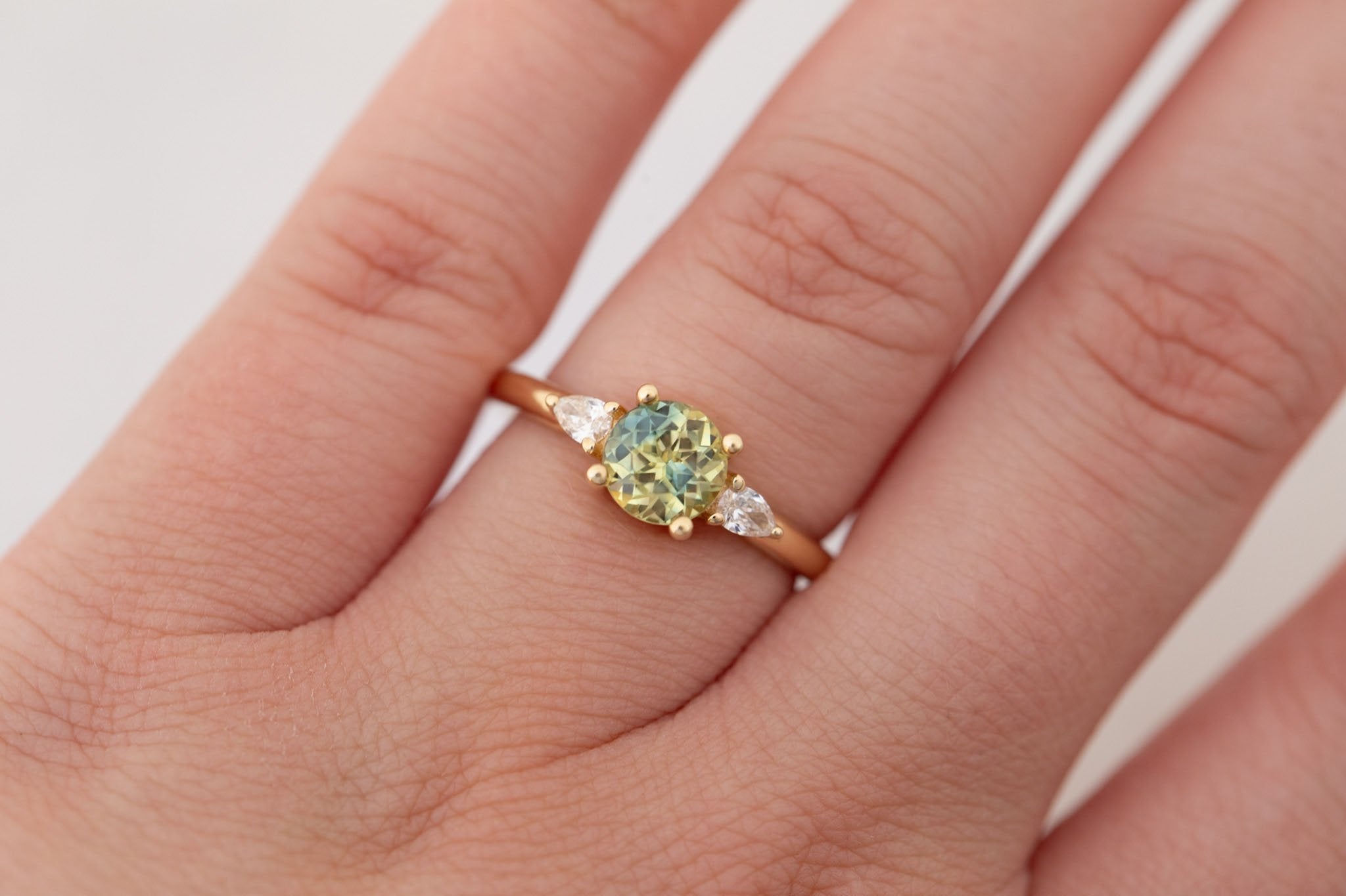 Iris Ring | Bicolor Green + Yellow Sapphire + Pear Diamond Accent Engagement Ring 1.35 ct | 14k Recycled Gold | One of a Kind