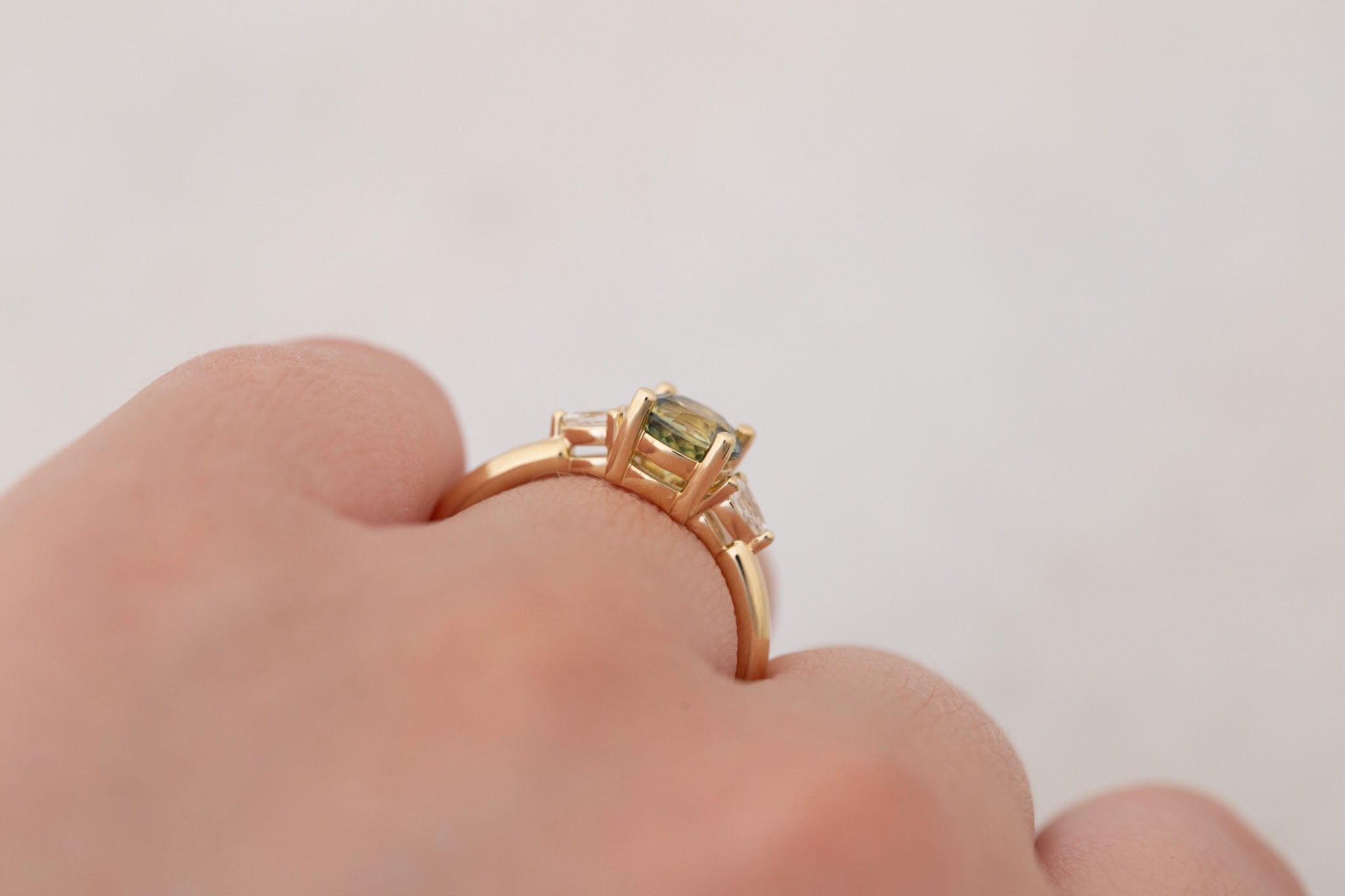 Iris Ring | Bicolor Green + Yellow Sapphire + Pear Diamond Accent Engagement Ring 1.35 ct | 14k Recycled Gold | One of a Kind