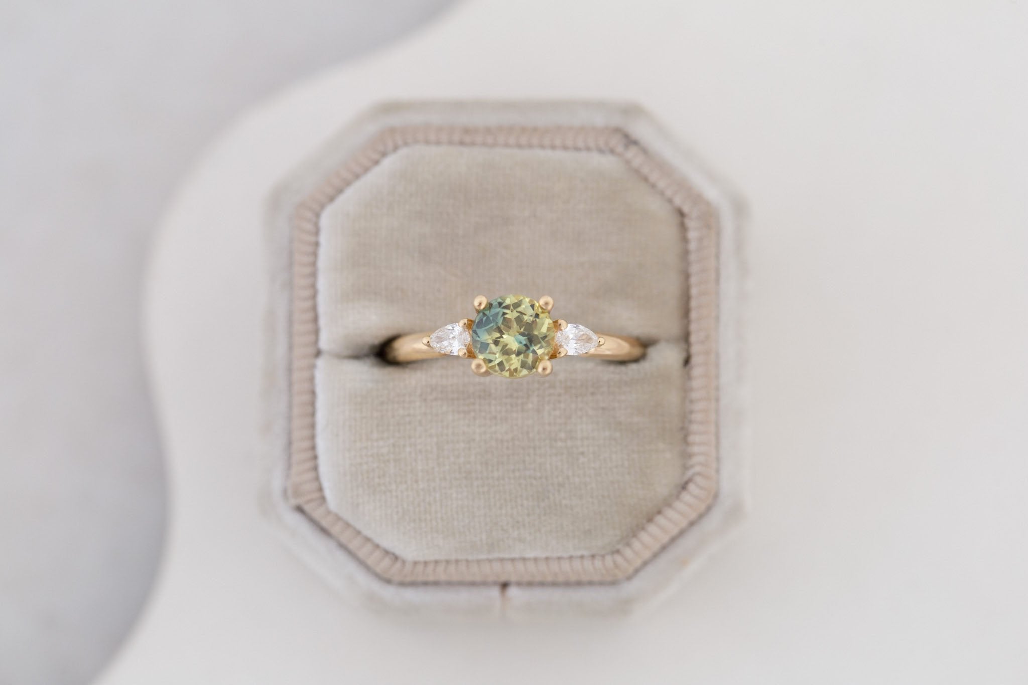 Iris Ring | Bicolor Green + Yellow Sapphire + Pear Diamond Accent Engagement Ring 1.35 ct | 14k Recycled Gold | One of a Kind