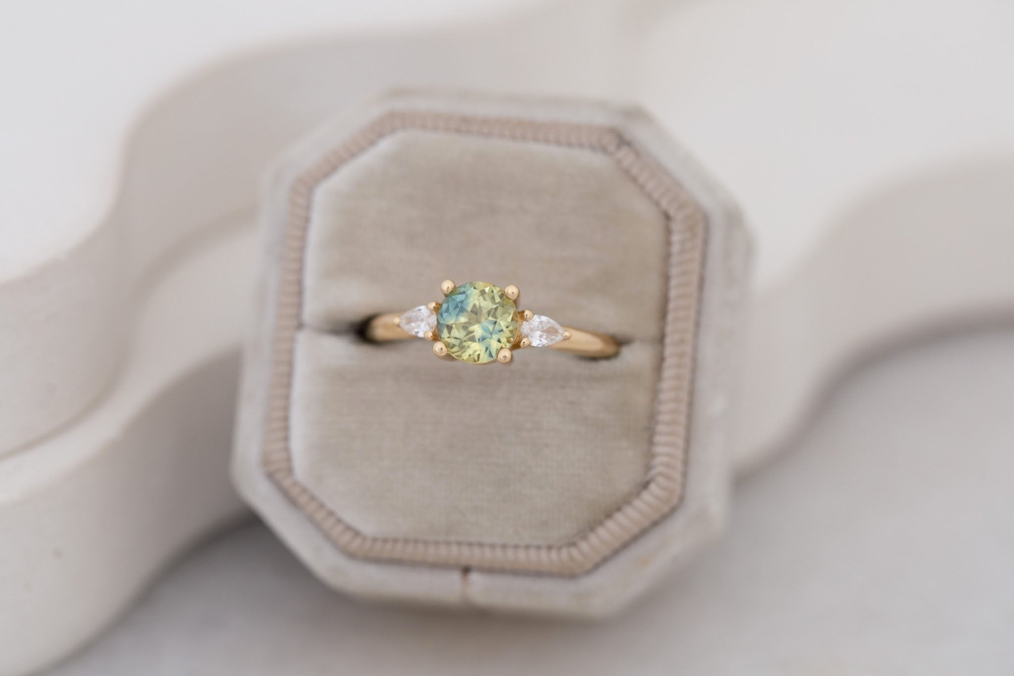 Iris Ring | Bicolor Green + Yellow Sapphire + Pear Diamond Accent Engagement Ring 1.35 ct | 14k Recycled Gold | One of a Kind